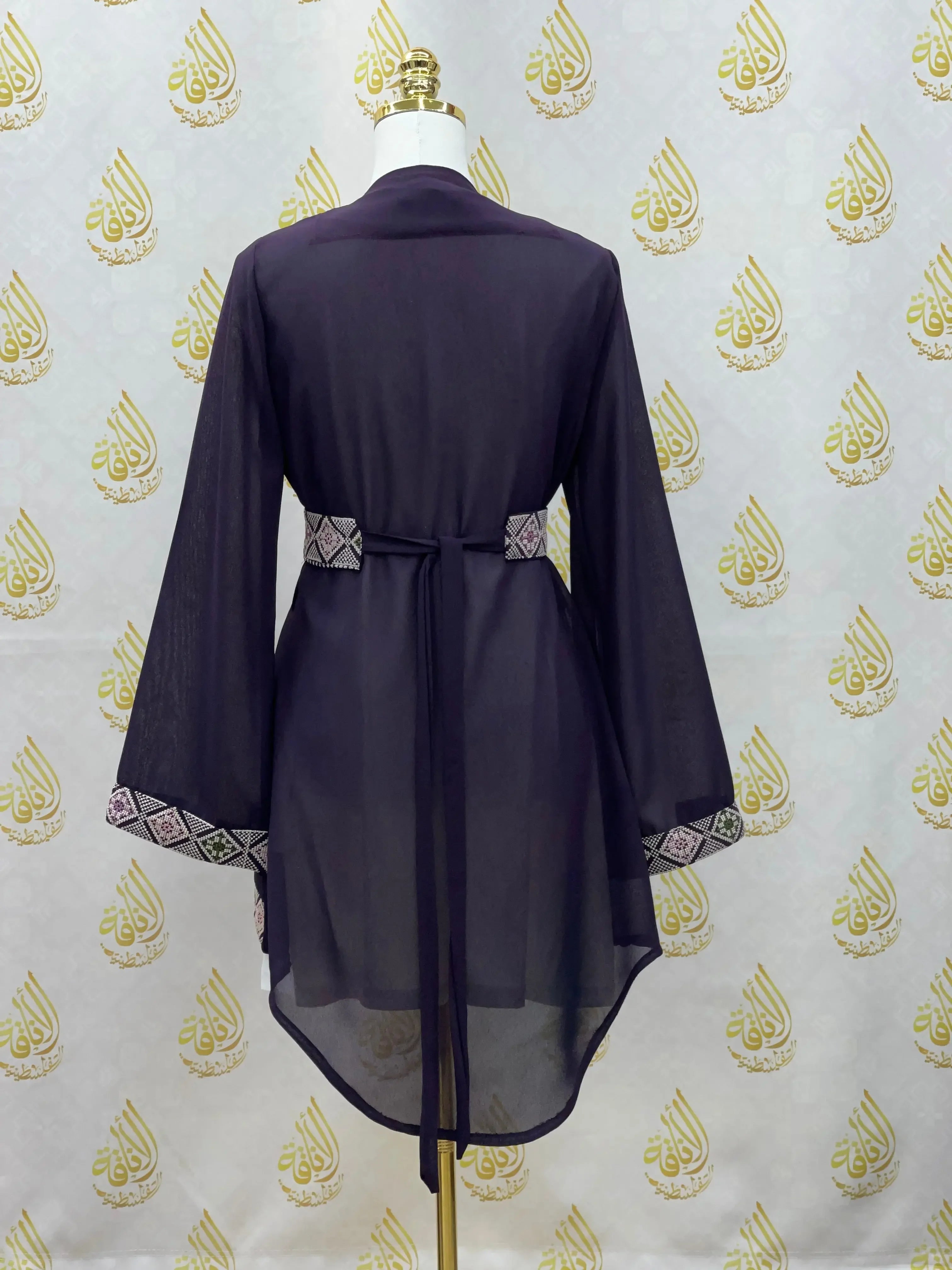 Palestinian Elegance embroidered chiffon kimono cardigan with geometric embroidery on cuffs and waist tie in black