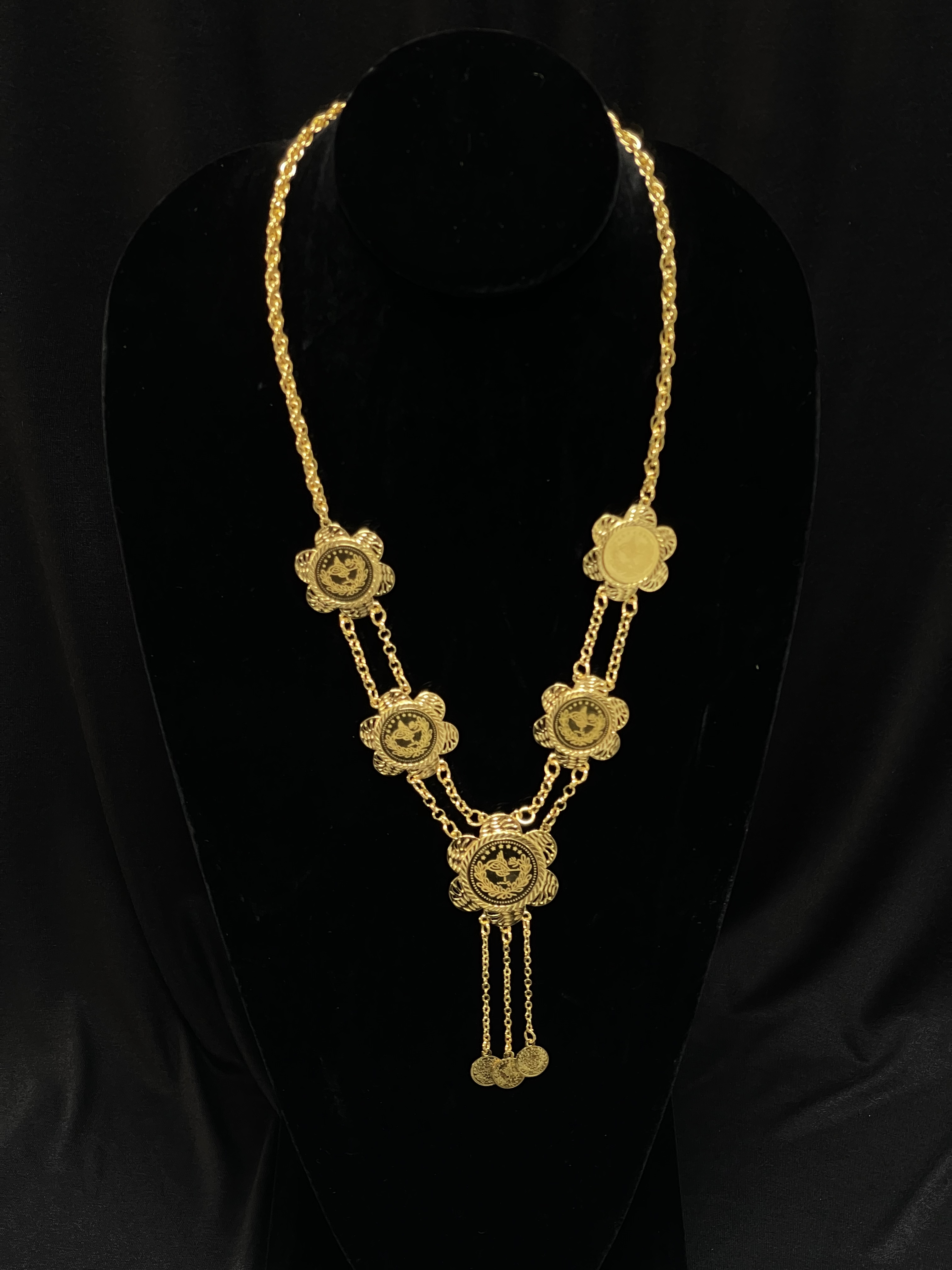 Palestinian Elegance imitated gold Gold Coin Necklace Set with decorative coin pendants on black display