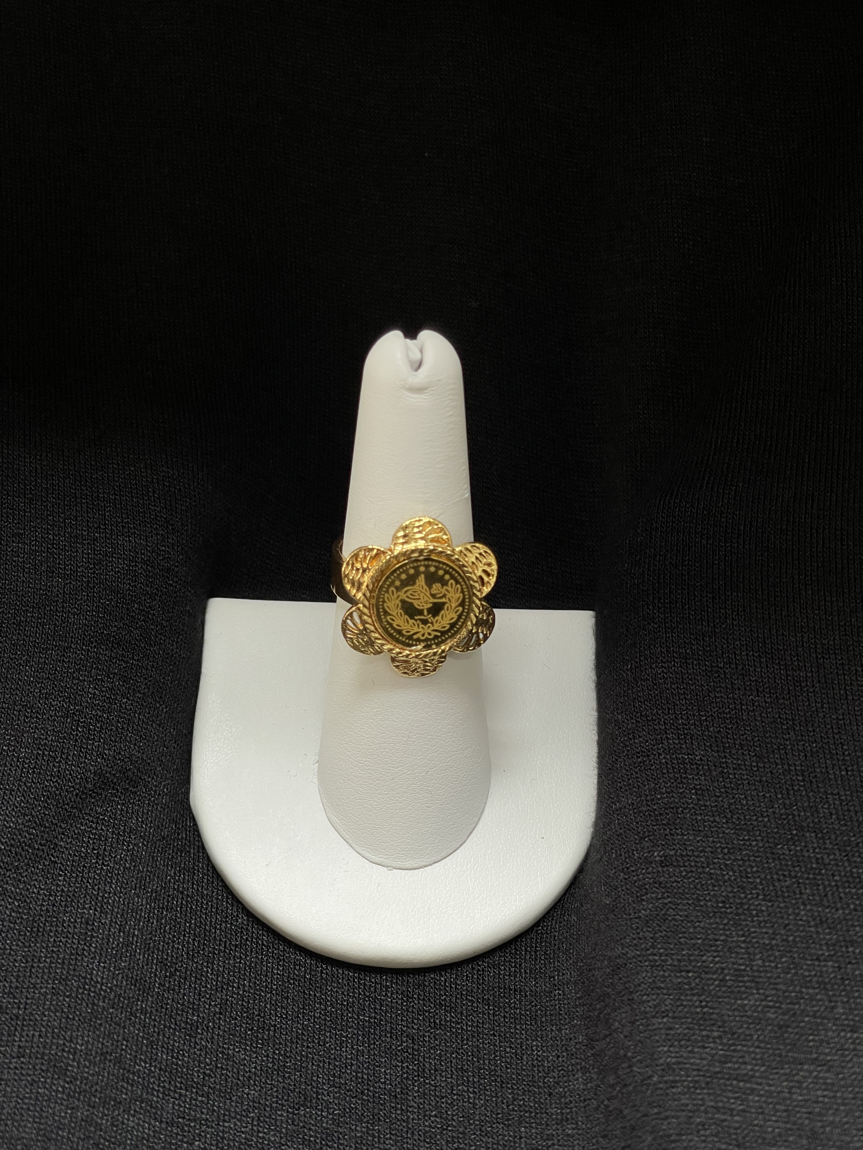 Imitated gold ring with intricate floral gold coin design by Palestinian Elegance