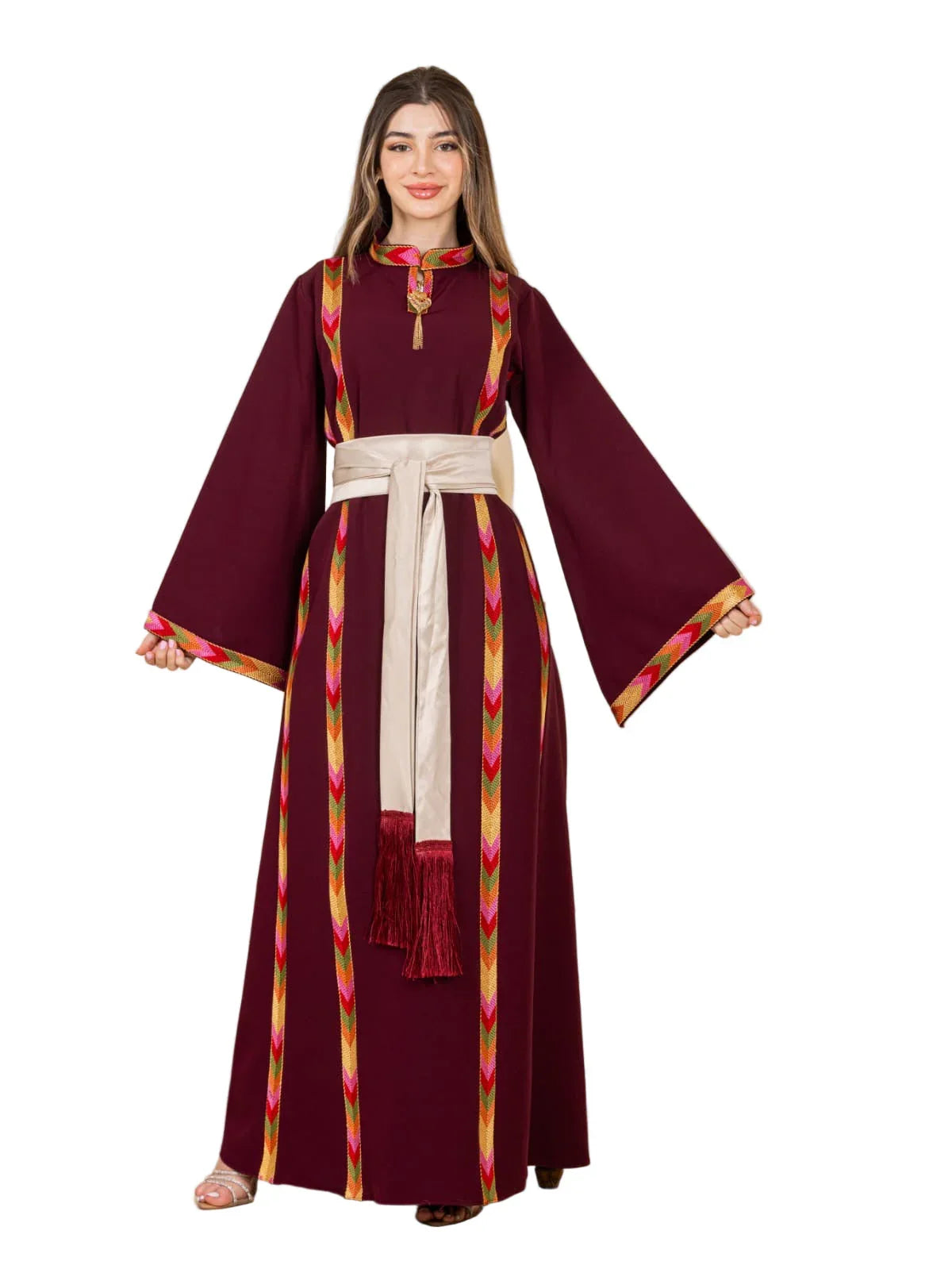 Palestinian Elegance maroon embroidered thoub with beige sash and multicolor trim model wearing Embroiderd Thoub Al-Manajel