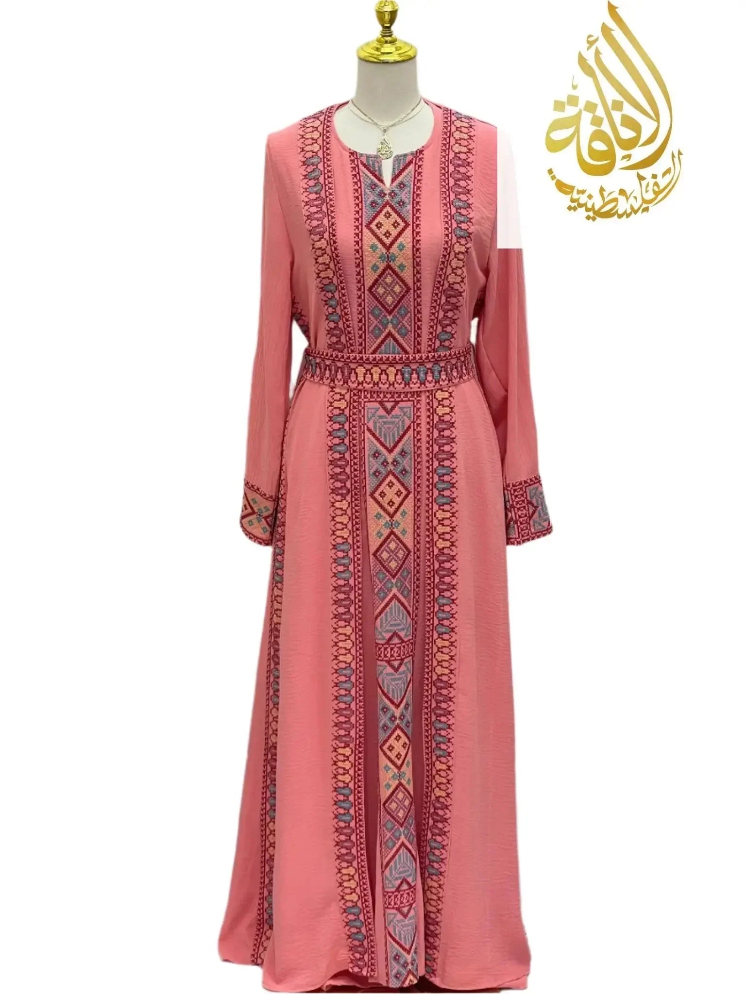 Palestinian Elegance Embroidered 2Pcs Abaya in pink with intricate traditional embroidery and long sleeves