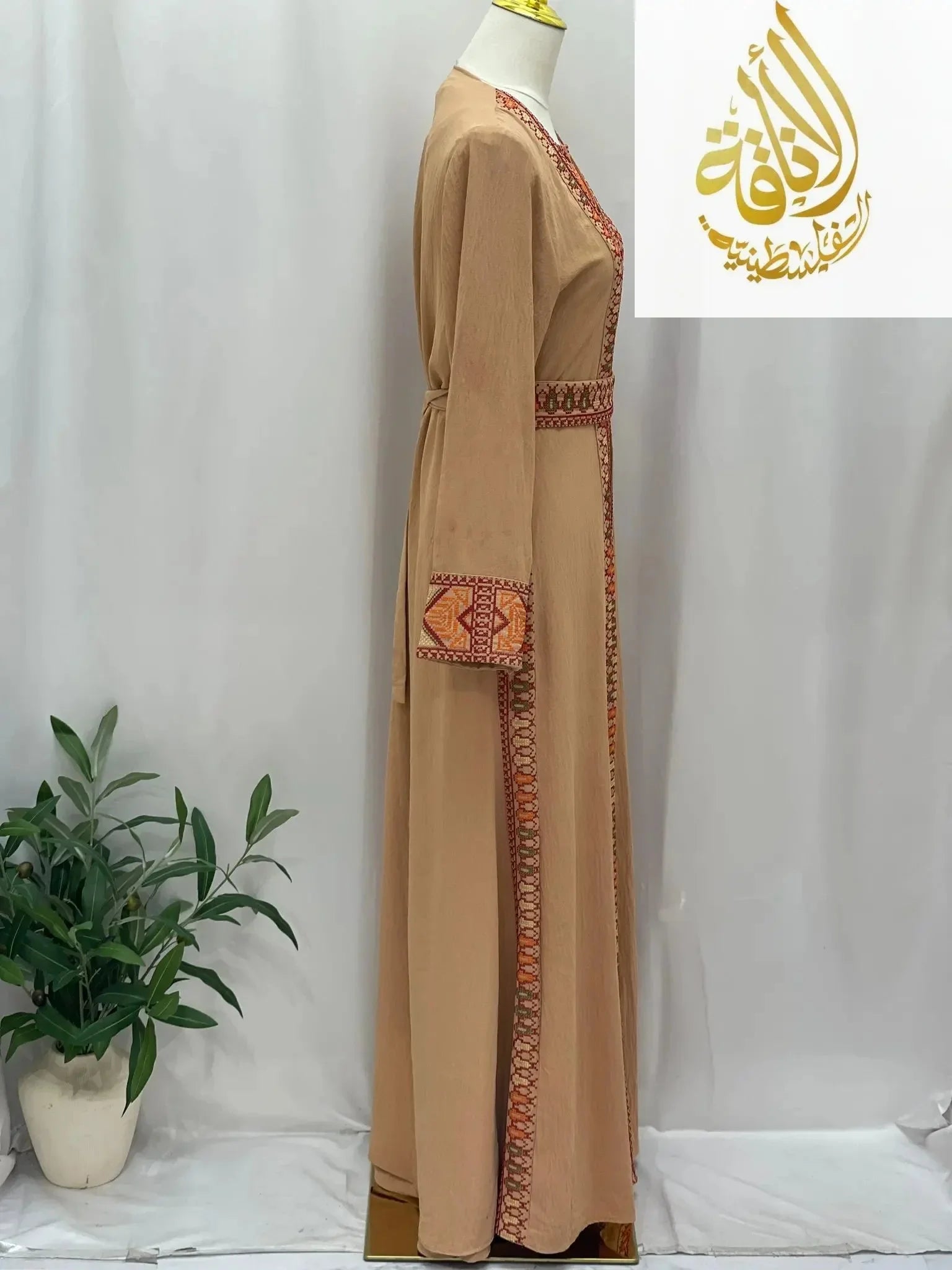 Palestinian Elegance embroidered 2Pcs Abaya in beige with intricate traditional embroidery on sleeves and front