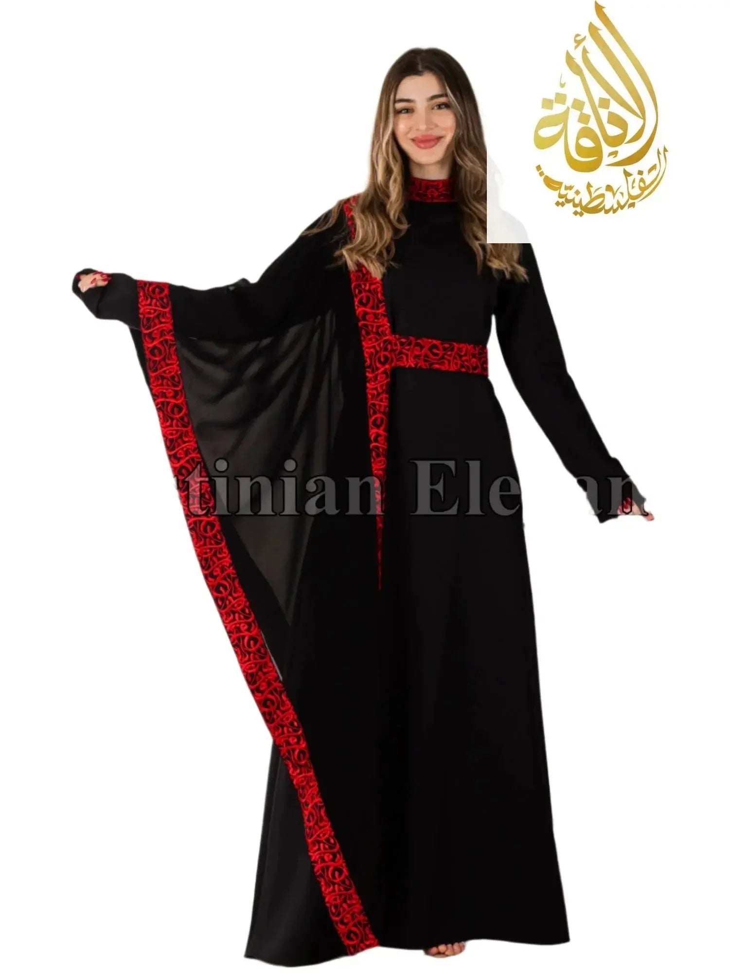 Palestinian Elegance embroidered abaya with Arabic letters in black with red detailed embroidery