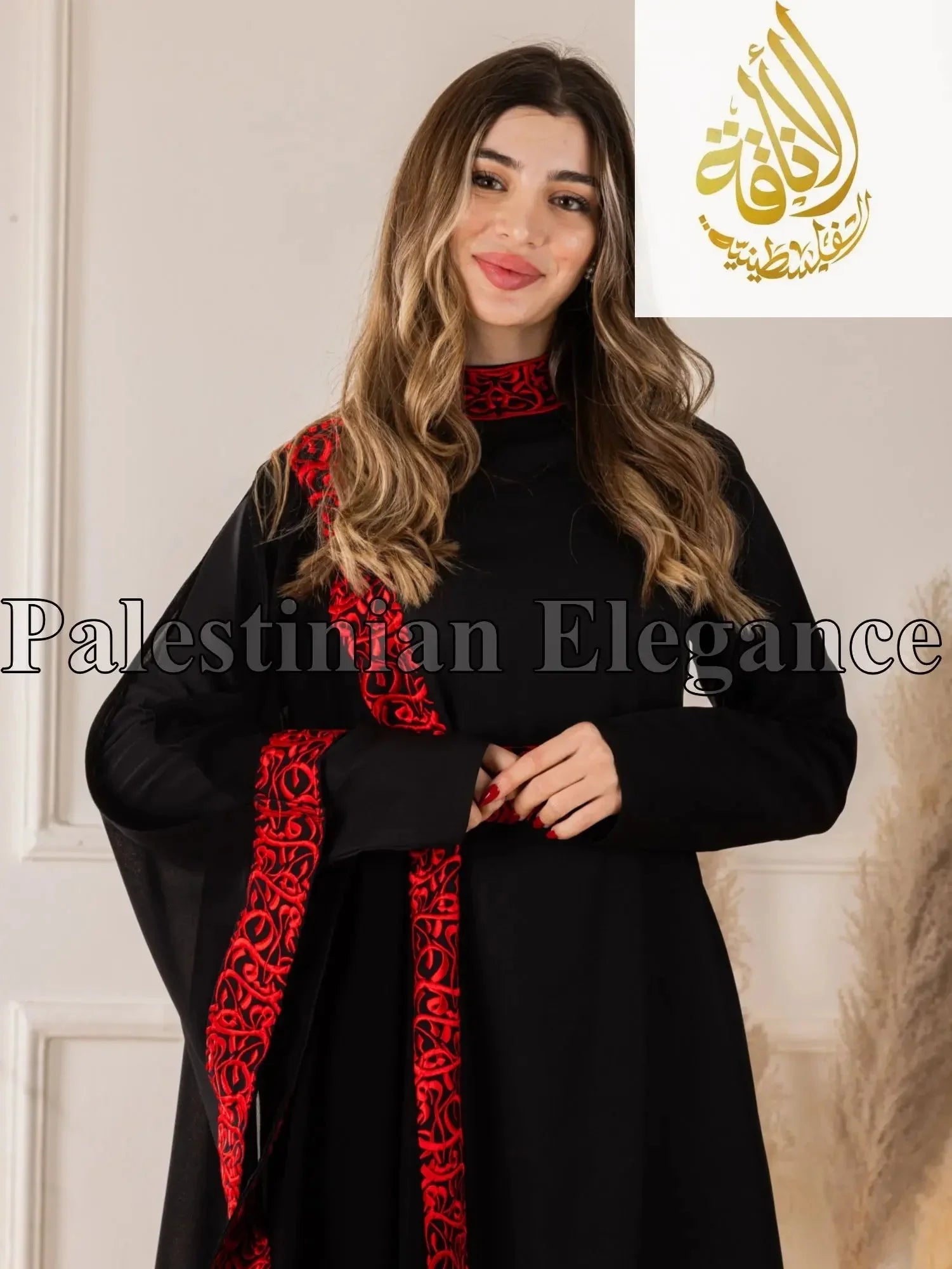 Palestinian Elegance embroidered abaya with Arabic letters in black featuring red intricate embroidery