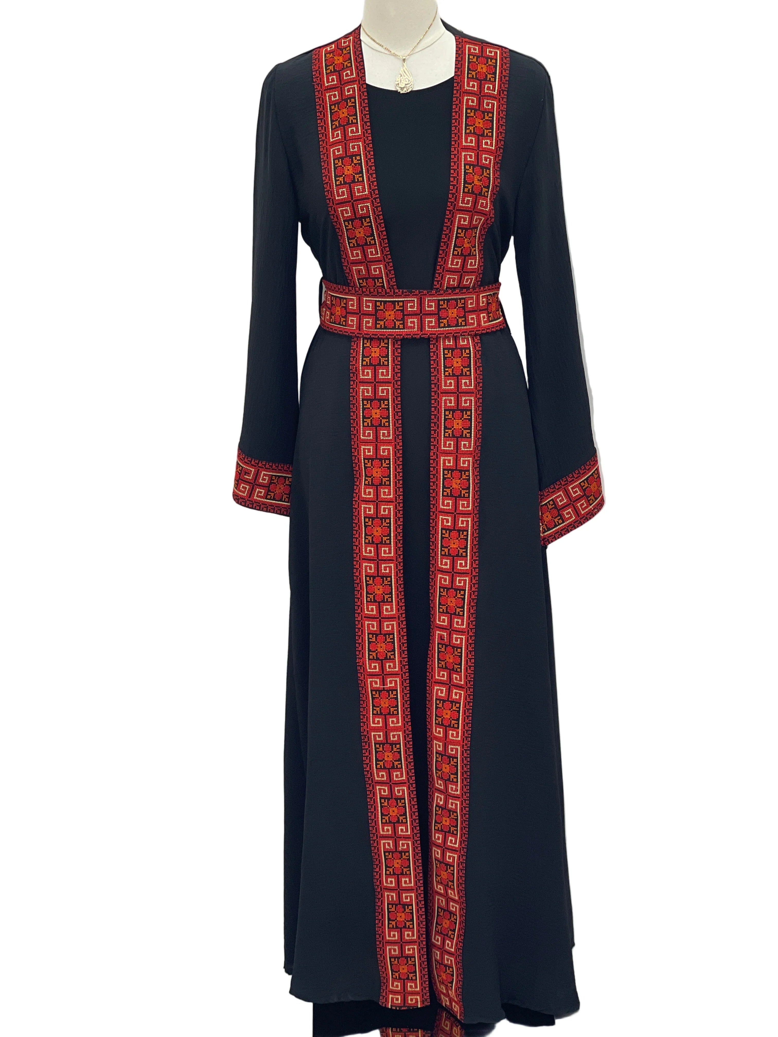 Palestinian Elegance black long Embroidered Cardigan with red geometric embroidery trim and matching belt