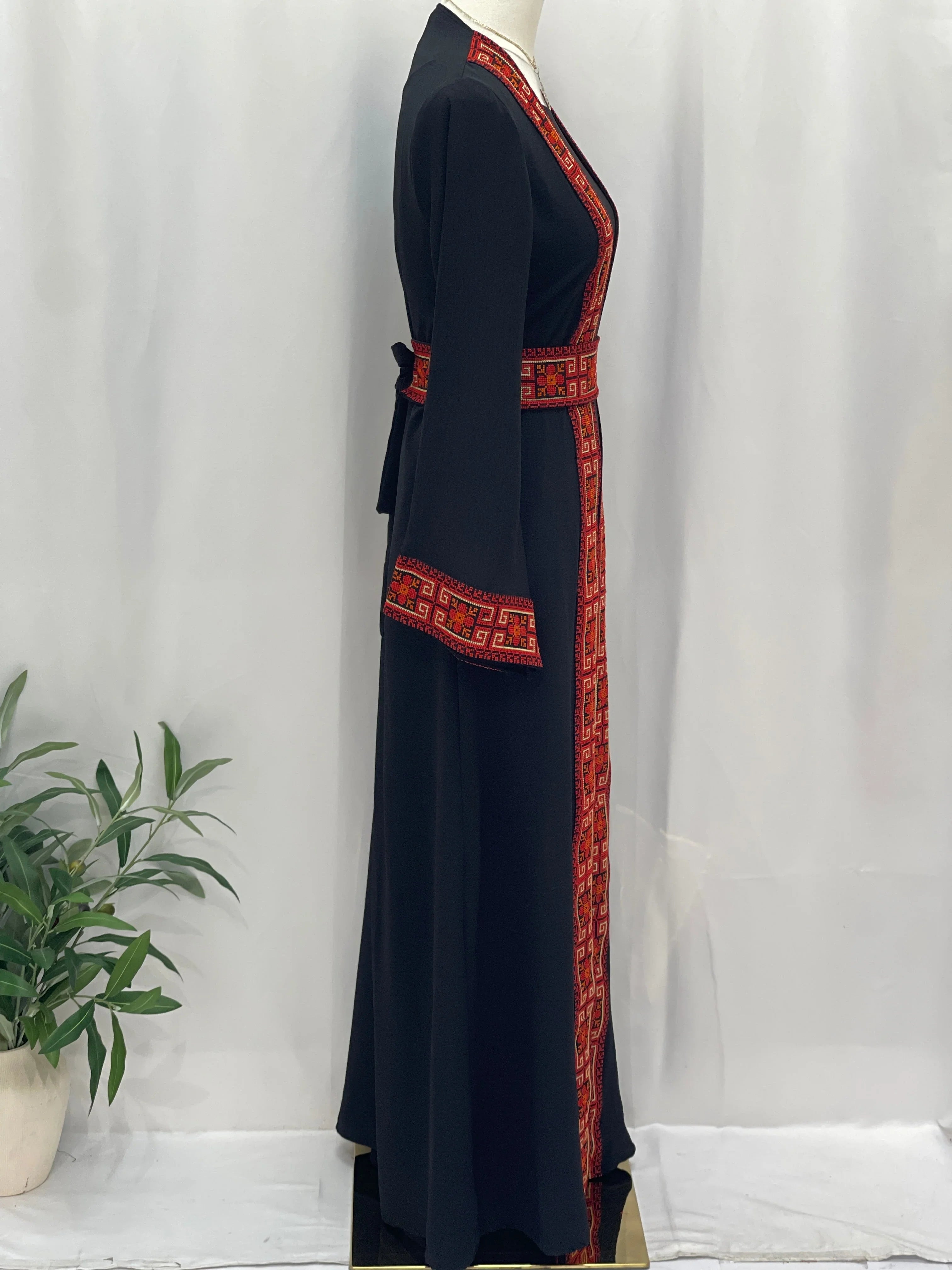 Palestinian Elegance long black Embroidered Cardigan with red traditional embroidery trim belted waist