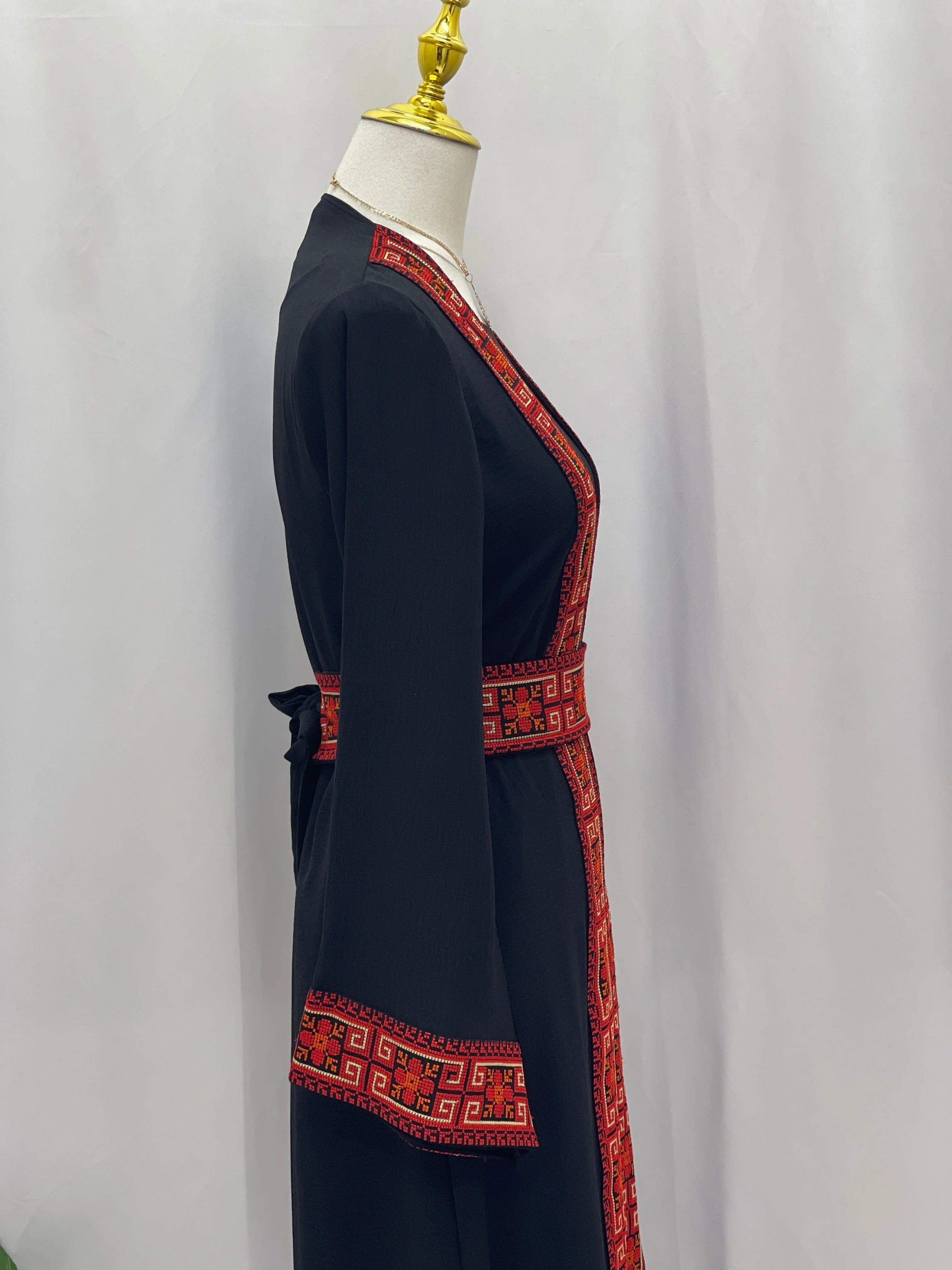 Palestinian Elegance Embroidered Cardigan black long sleeve with red traditional Palestinian embroidery trim