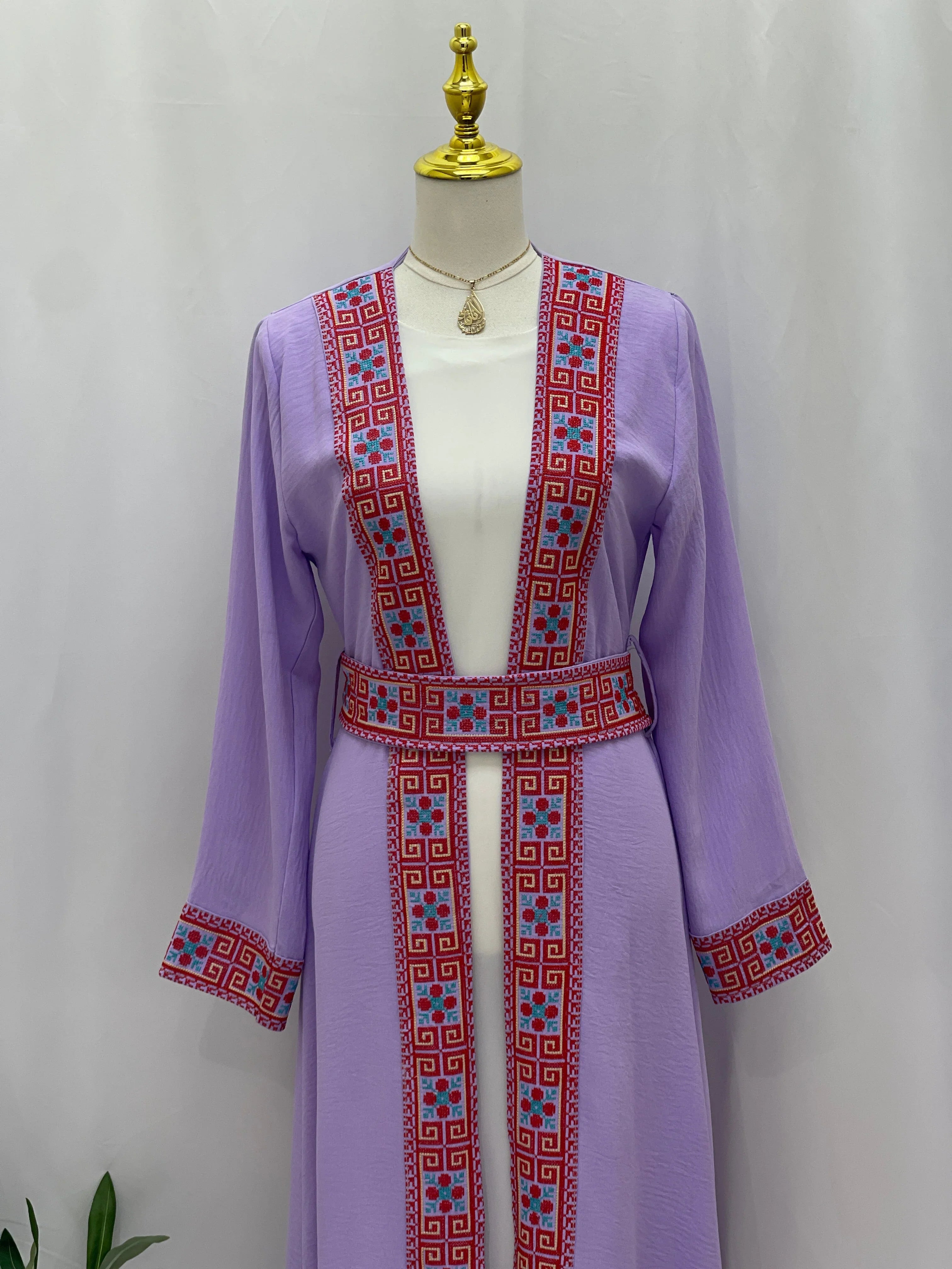 Palestinian Elegance lavender long Embroidered Cardigan with red geometric trim belt and cuff details