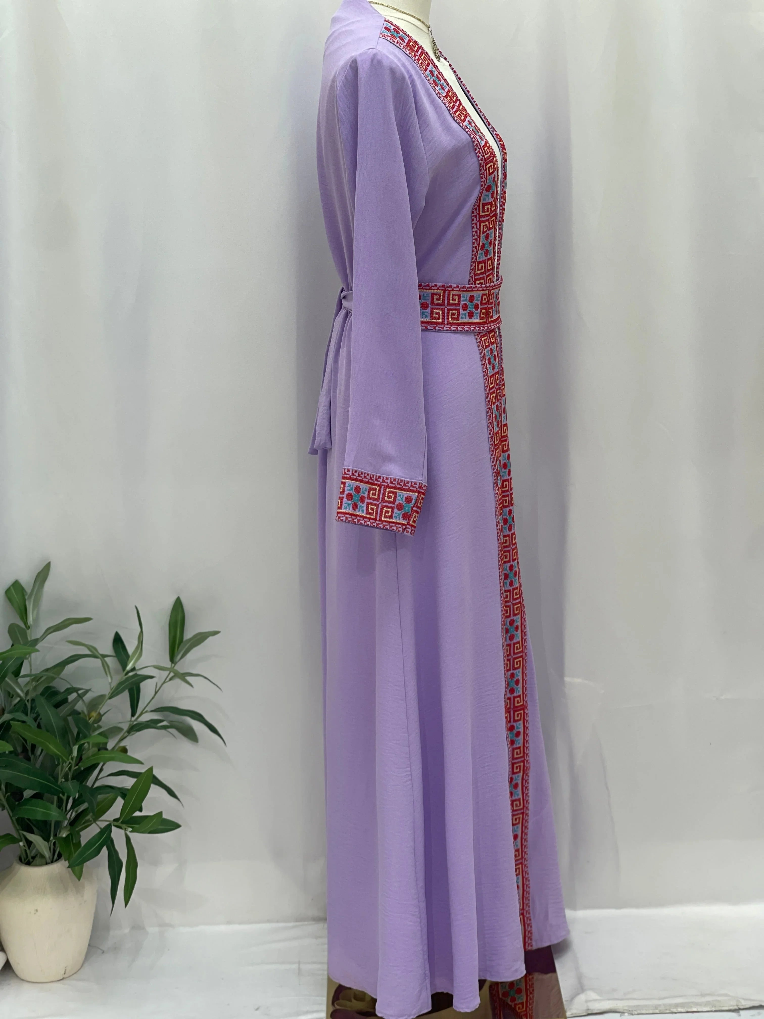 Palestinian Elegance lavender Embroidered Cardigan with red geometric embroidery long tie waist