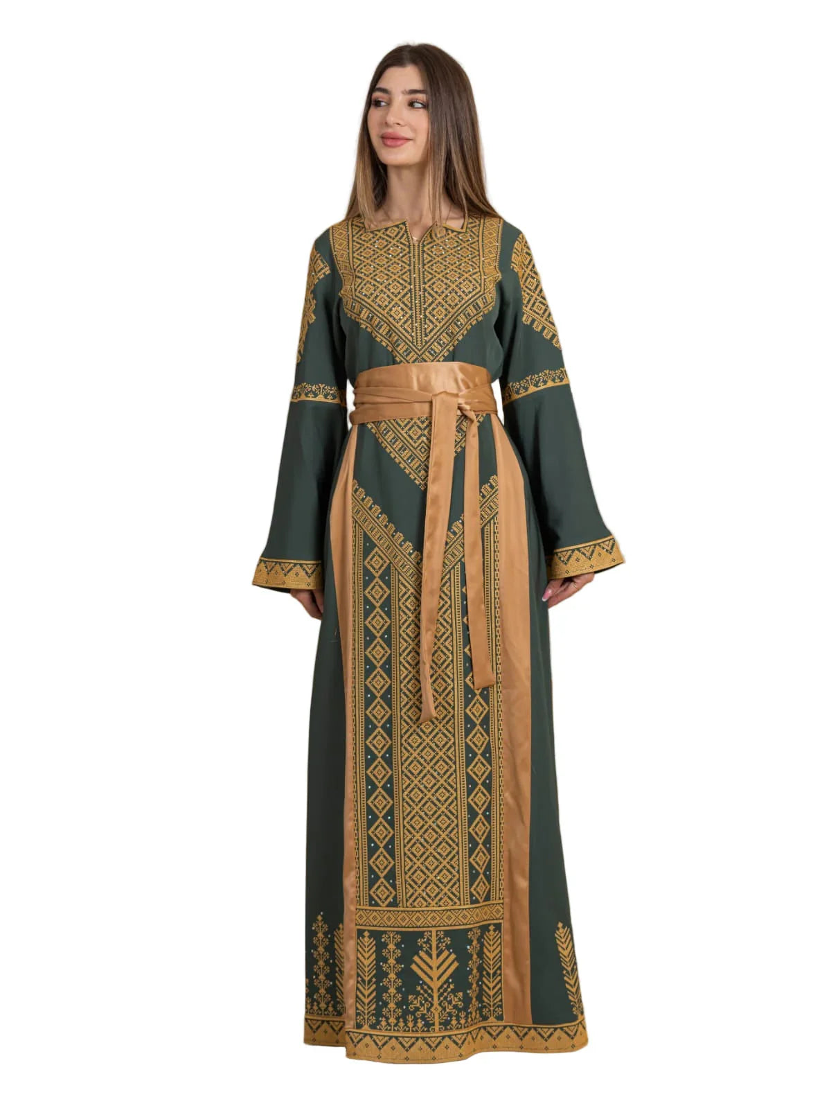 Palestinian Elegance Embroidered Elegance Dress green maxi with gold embroidery long bell sleeves and sash belt