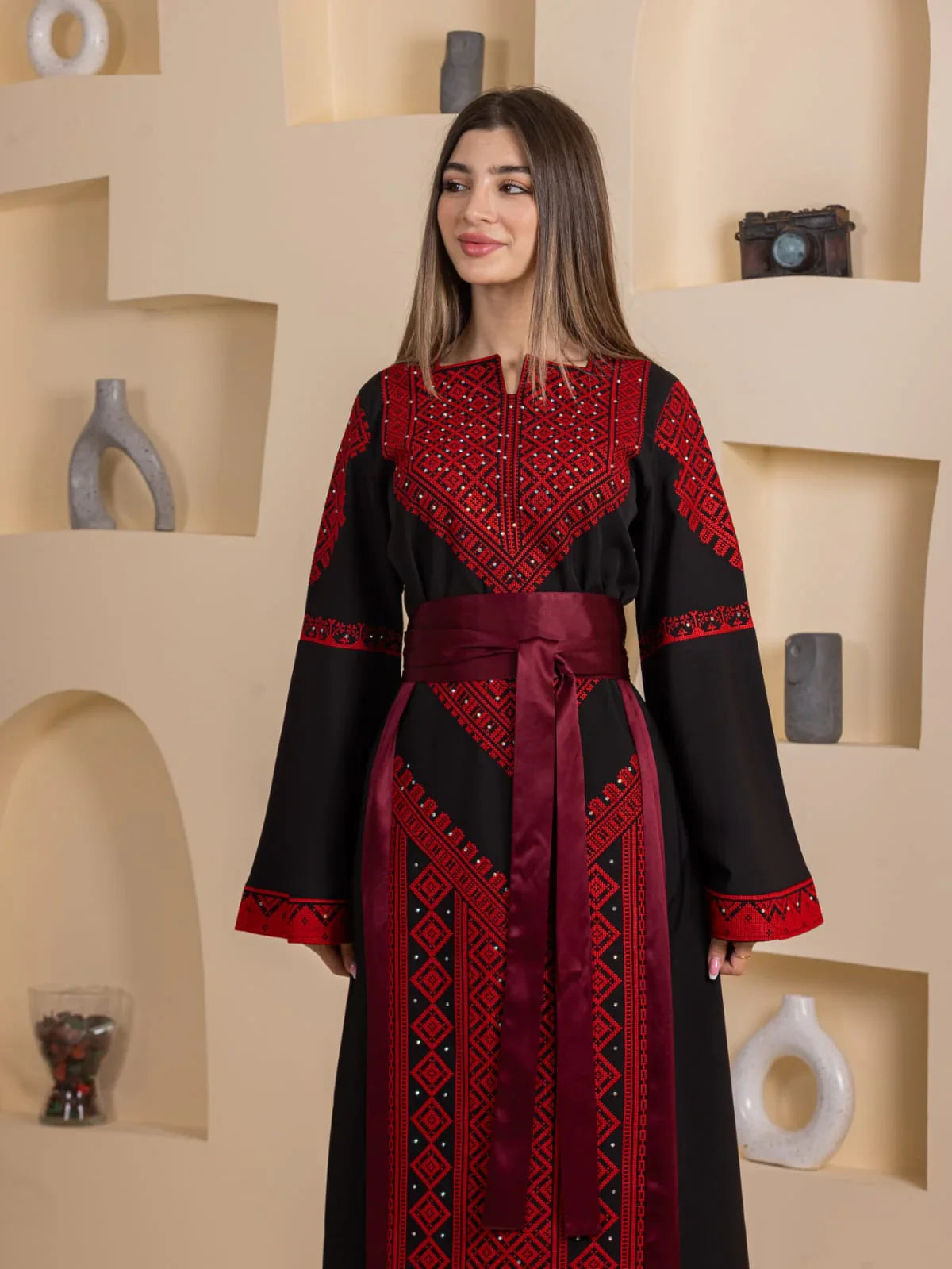 Palestinian Elegance Embroidered Elegance Dress black maxi with red geometric embroidery and burgundy sash belt