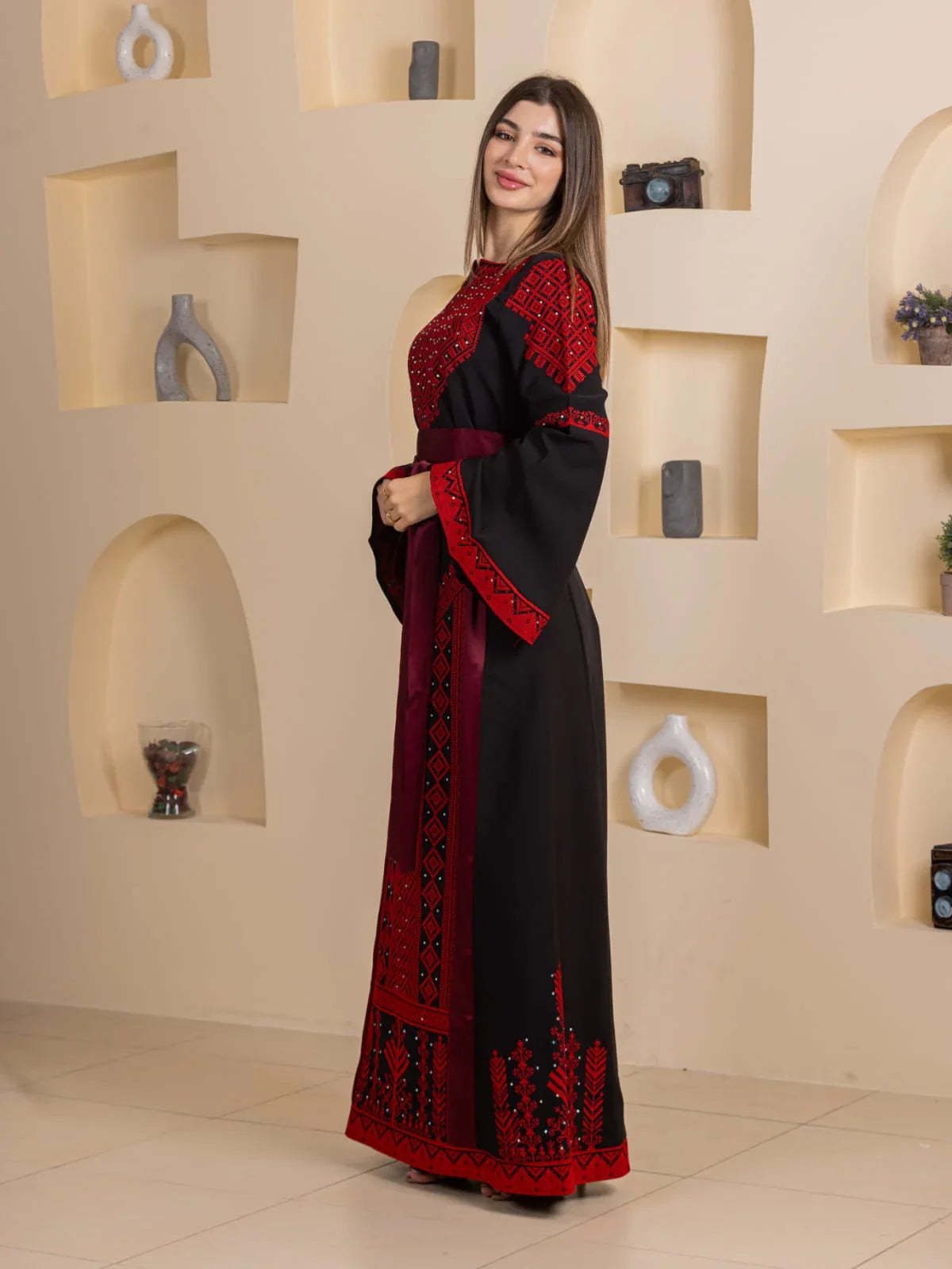 Palestinian Elegance Embroidered Elegance Dress black maxi with red Palestinian embroidery and bell sleeves