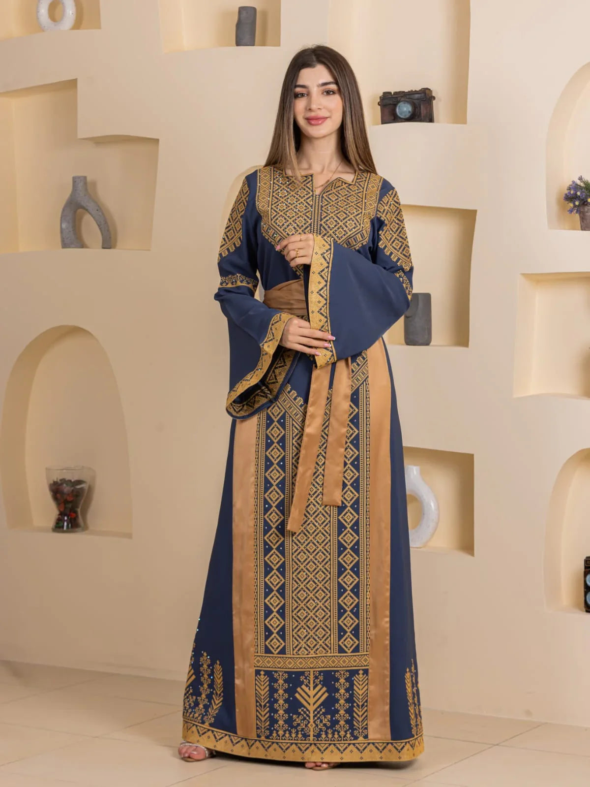 Palestinian Elegance Embroidered Elegance Dress navy maxi with gold geometric embroidery and bell sleeves