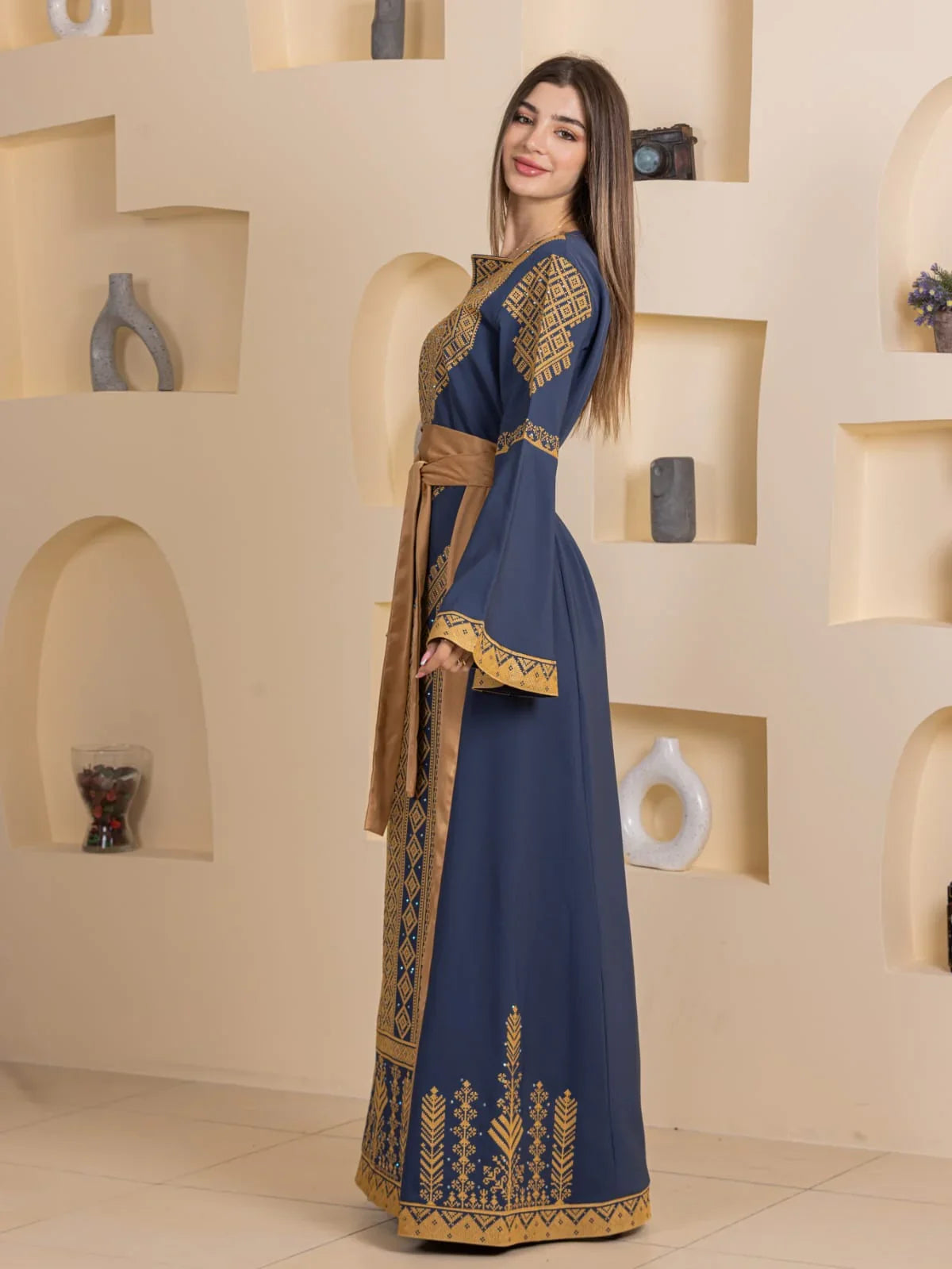 Embroidered Elegance Dress navy maxi with gold Palestinian embroidery and brown sash