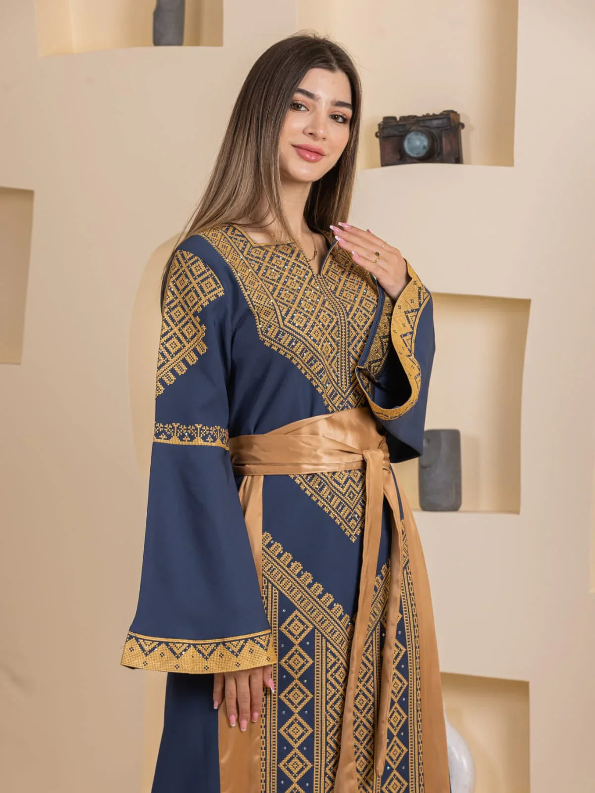 Palestinian Elegance Embroidered Elegance Dress navy maxi dress with gold geometric embroidery and satin belt