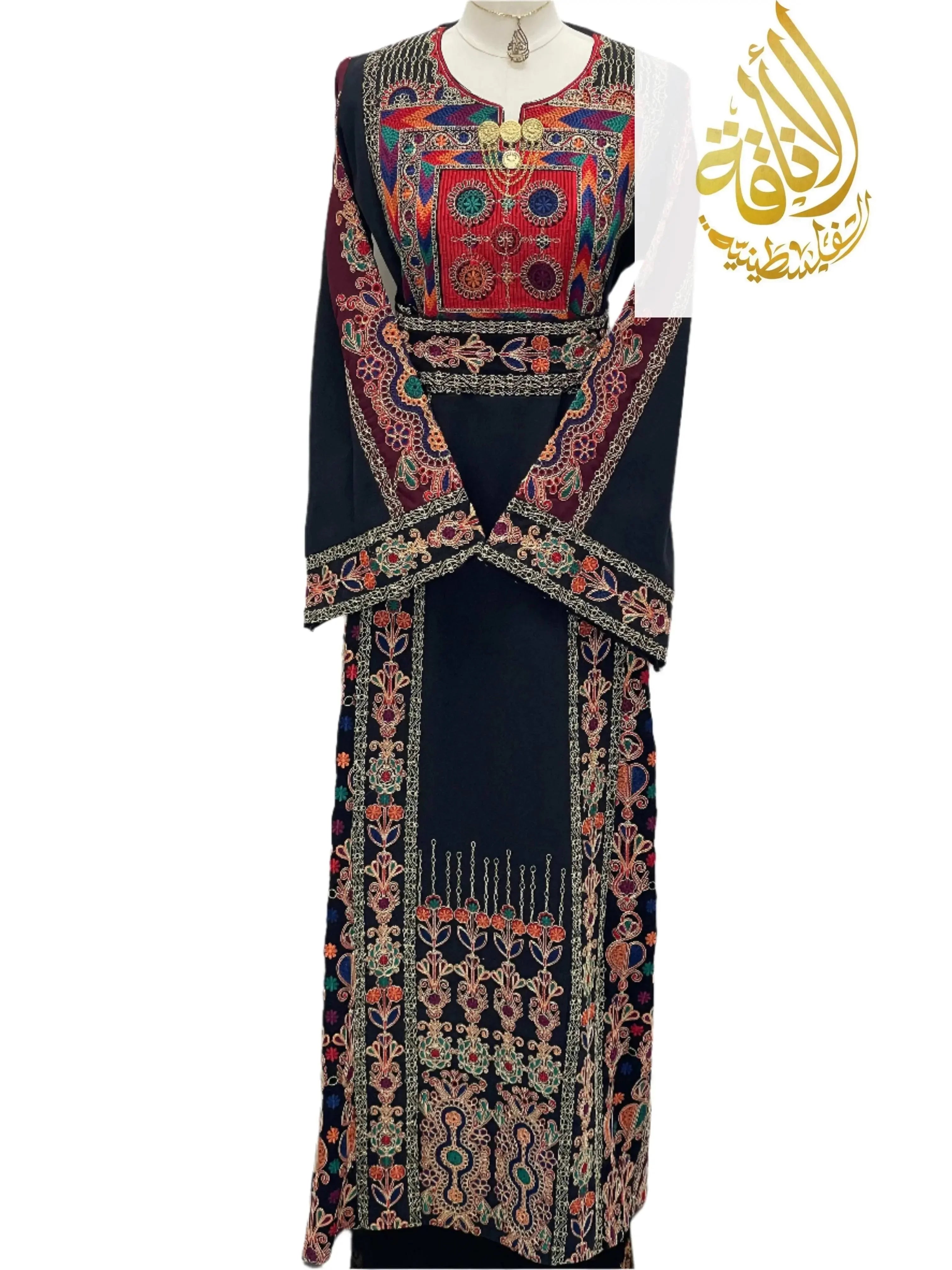 Embroidered Kasab Soft Atmeen Thoub black traditional dress with intricate multicolor embroidery by Palestinian Elegance