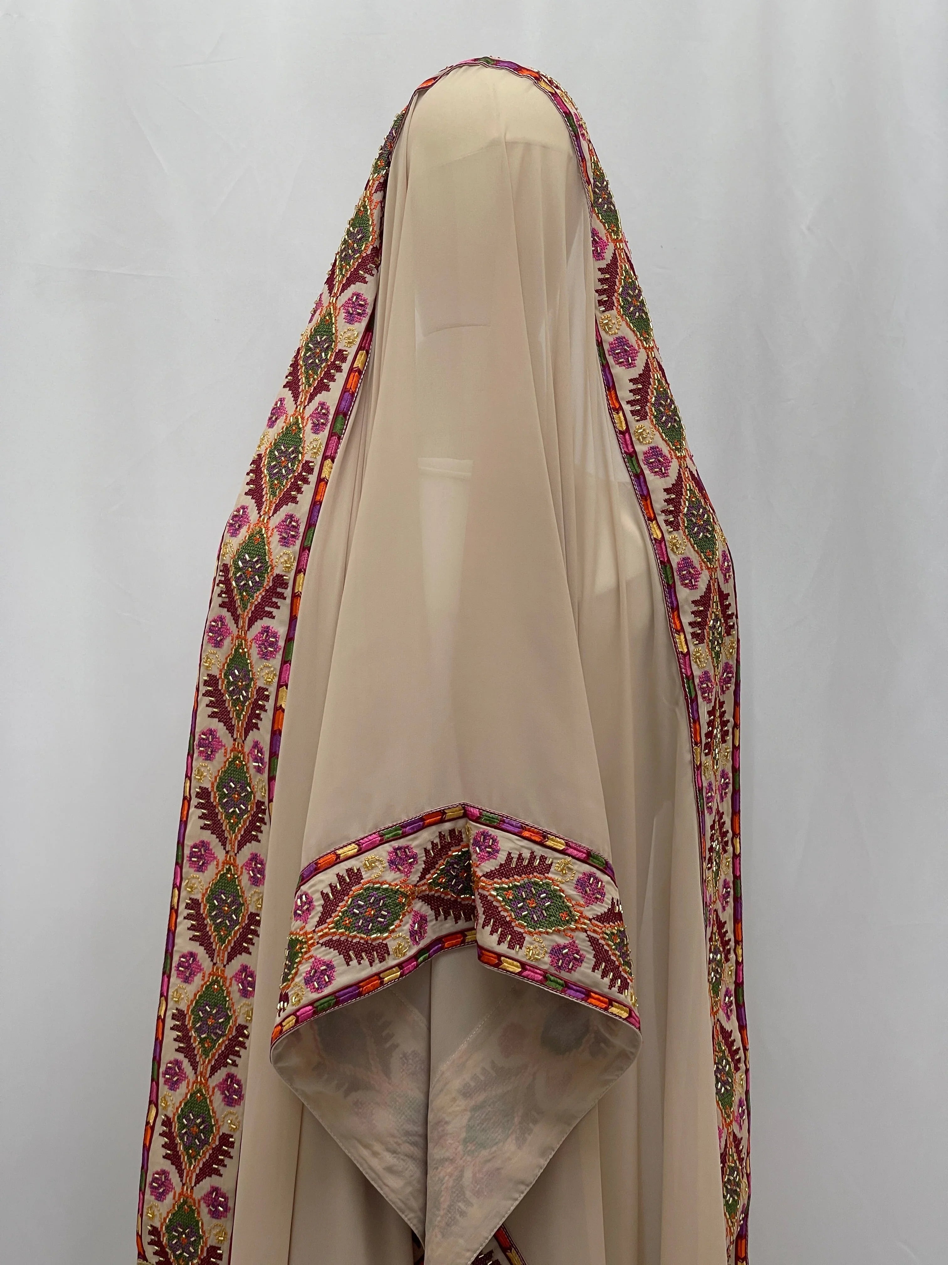 Palestinian Elegance Embroidered Khirka-Shal With Beads beige hijab with detailed colorful floral embroidery along the edges