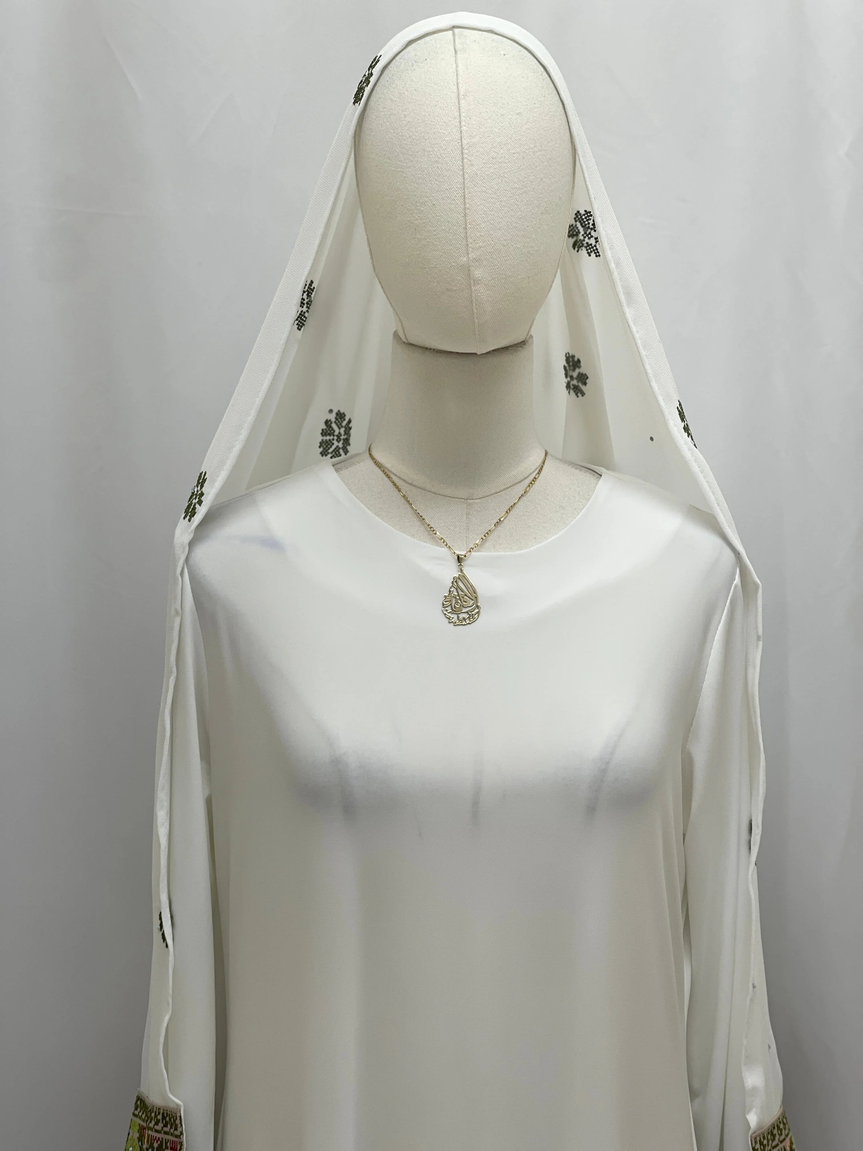Elegant Embroidered Khirka With tassels in white with floral designs and matching headscarf