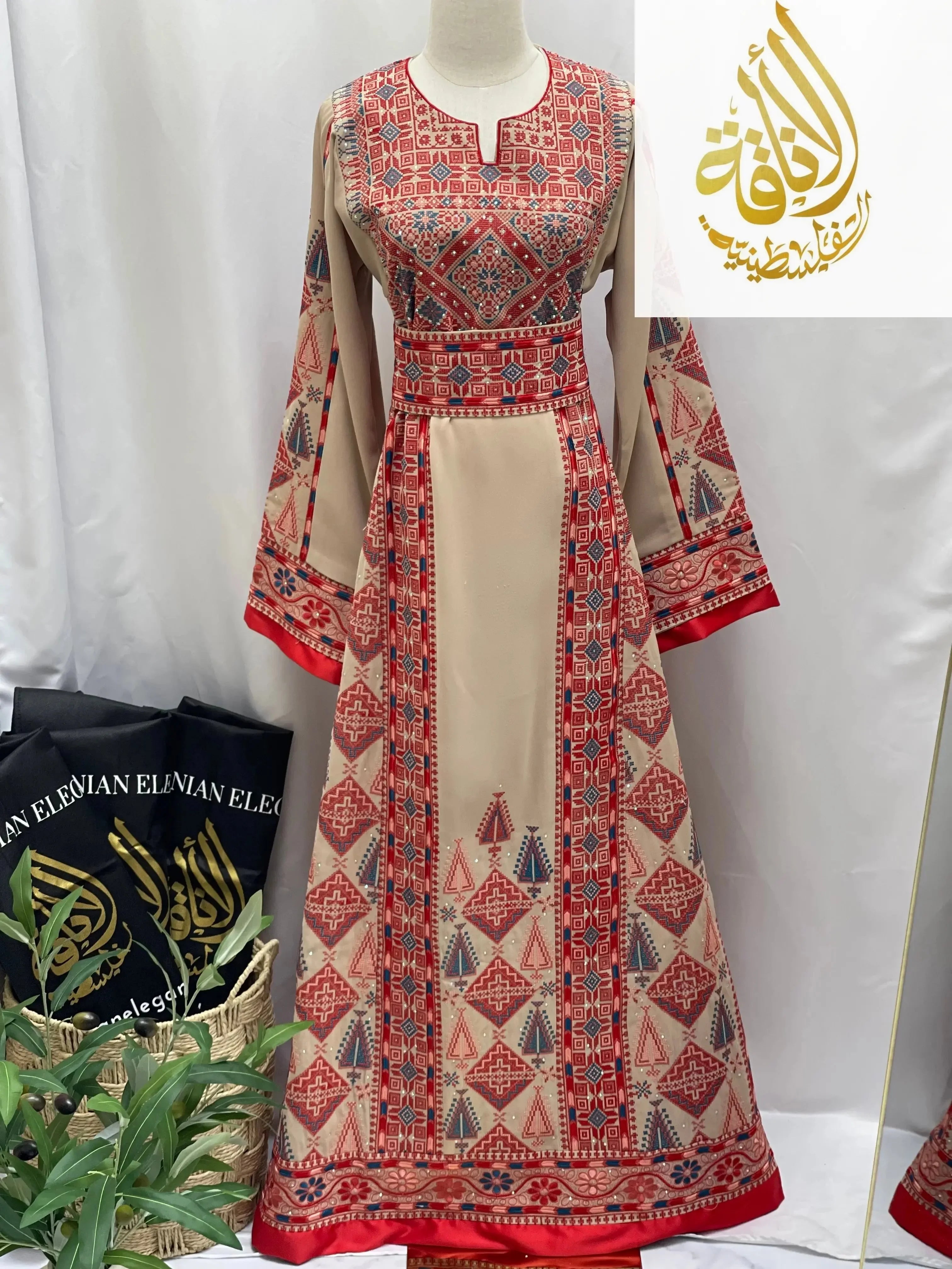 Embroidered Tahini Red Thoub Palestinian Elegance