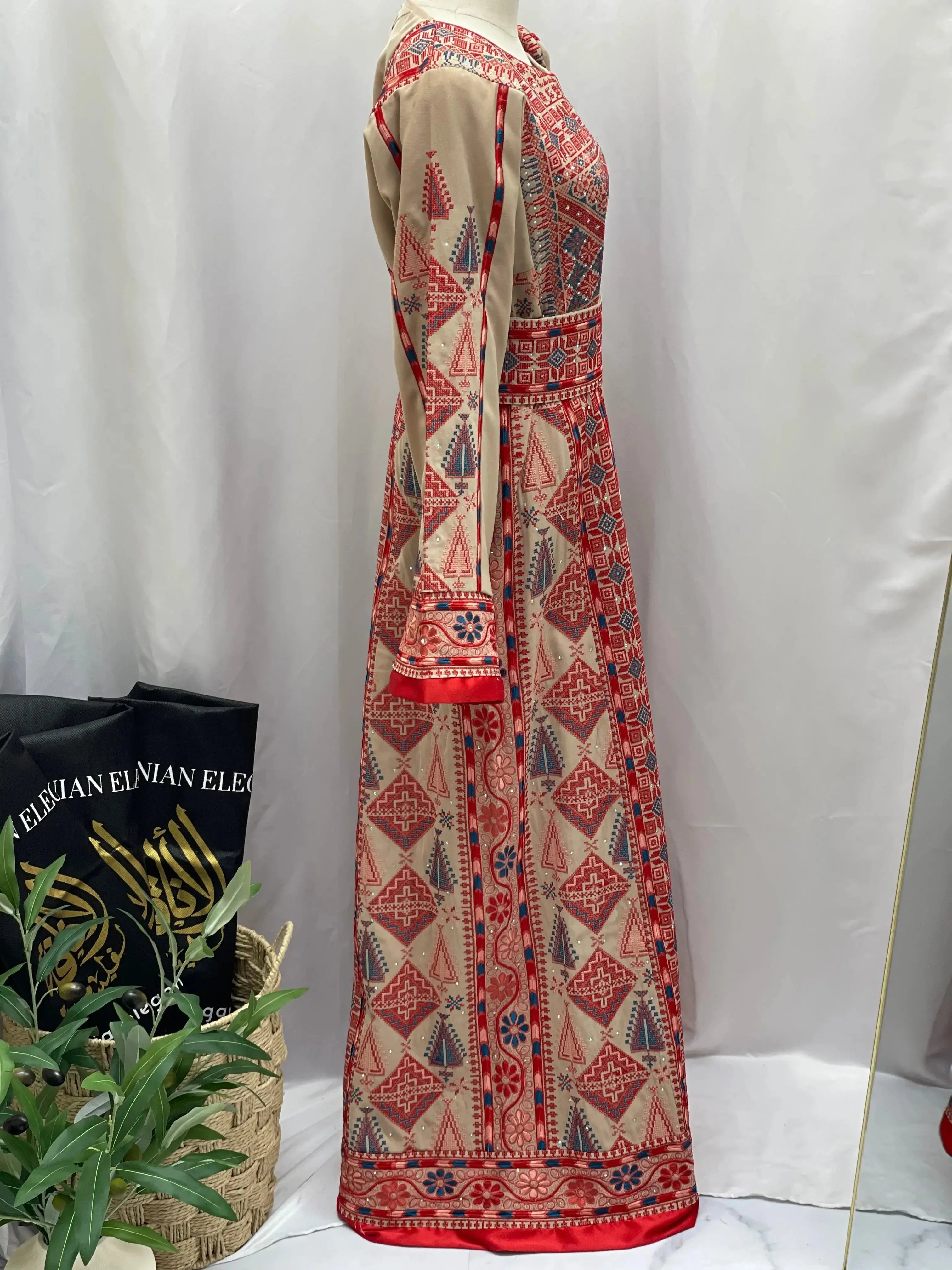 Embroidered Tahini Red Thoub Palestinian Elegance