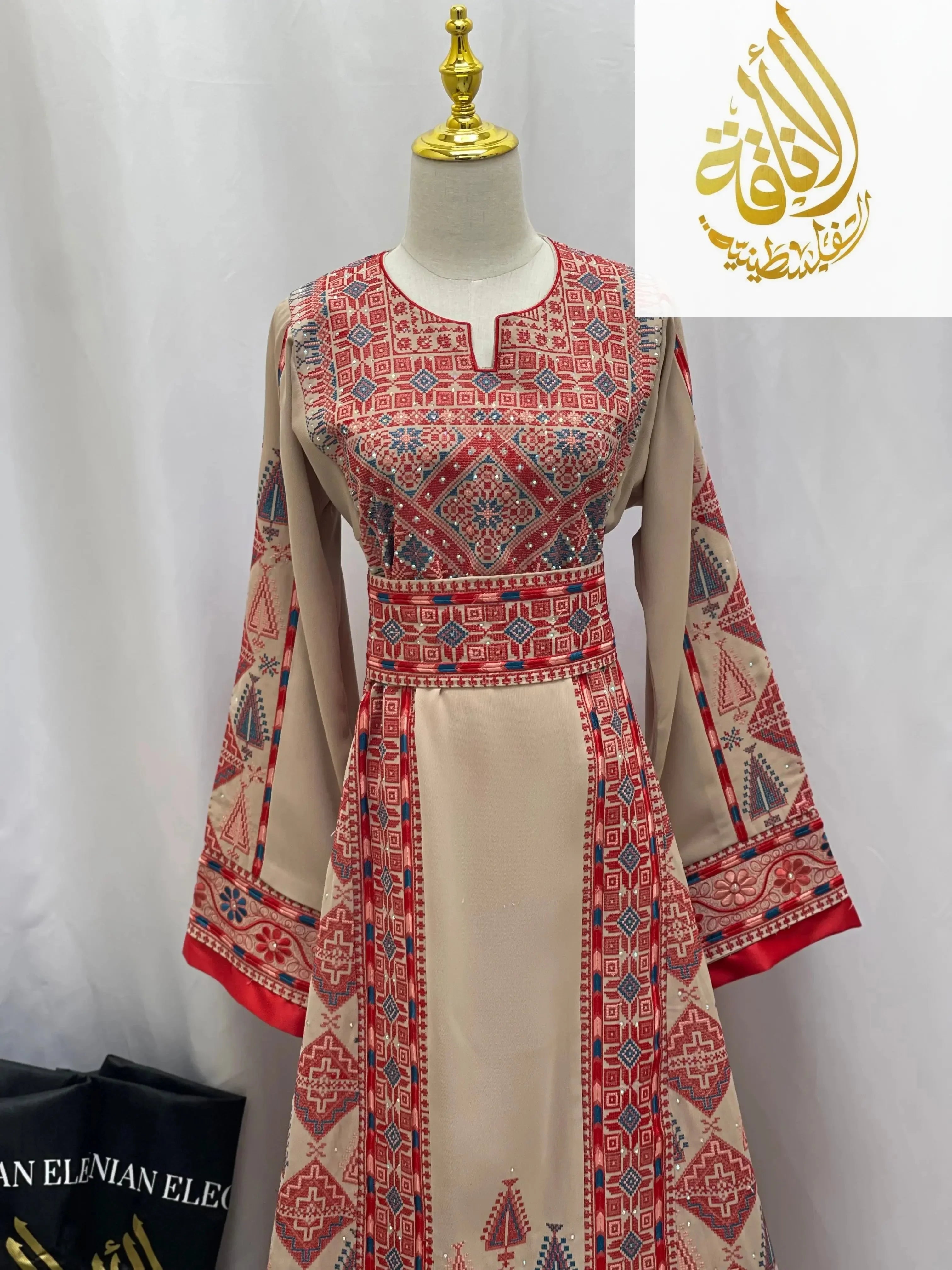 Embroidered Tahini Red Thoub Palestinian Elegance