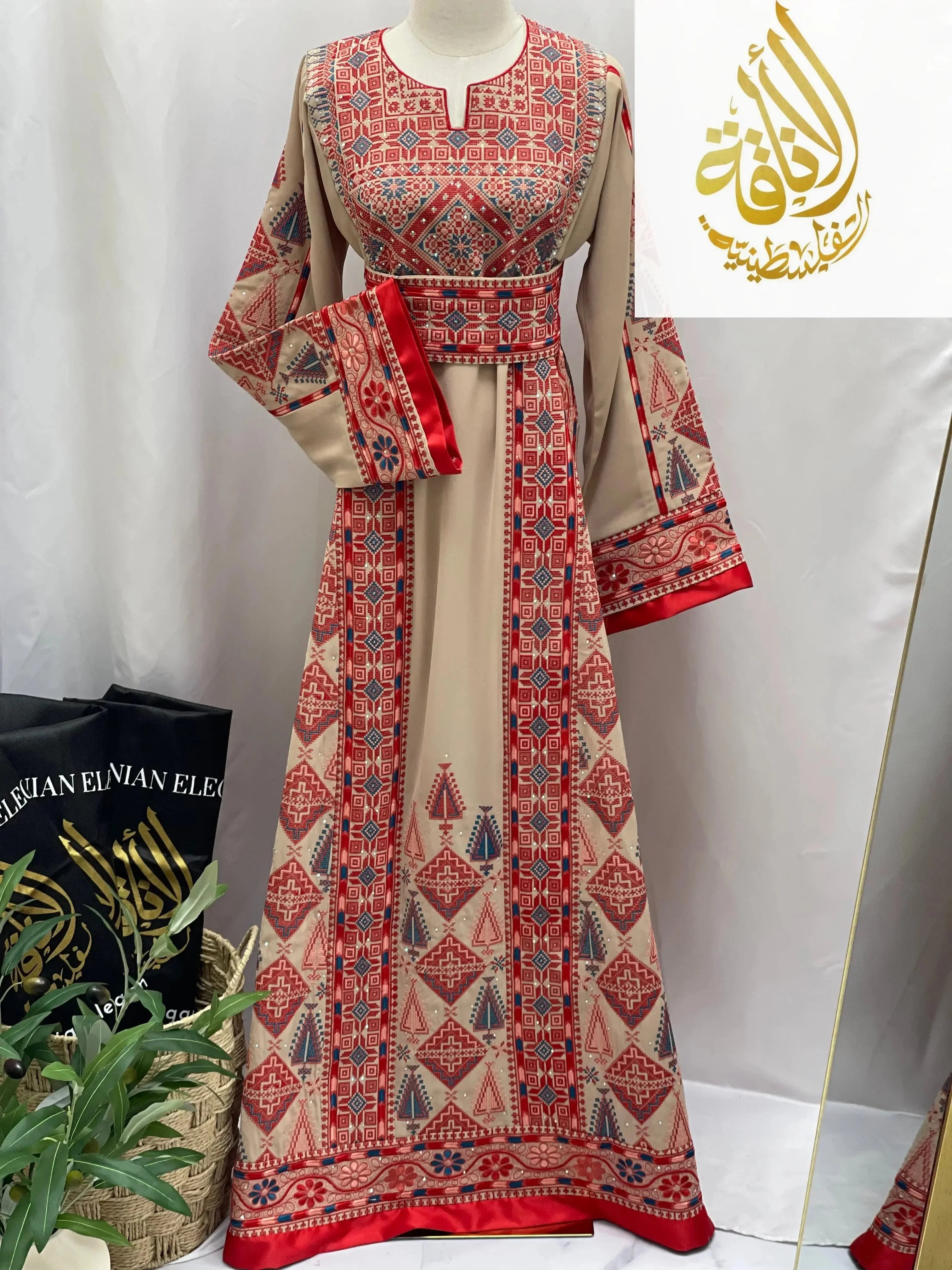 Embroidered Tahini Red Thoub Palestinian Elegance