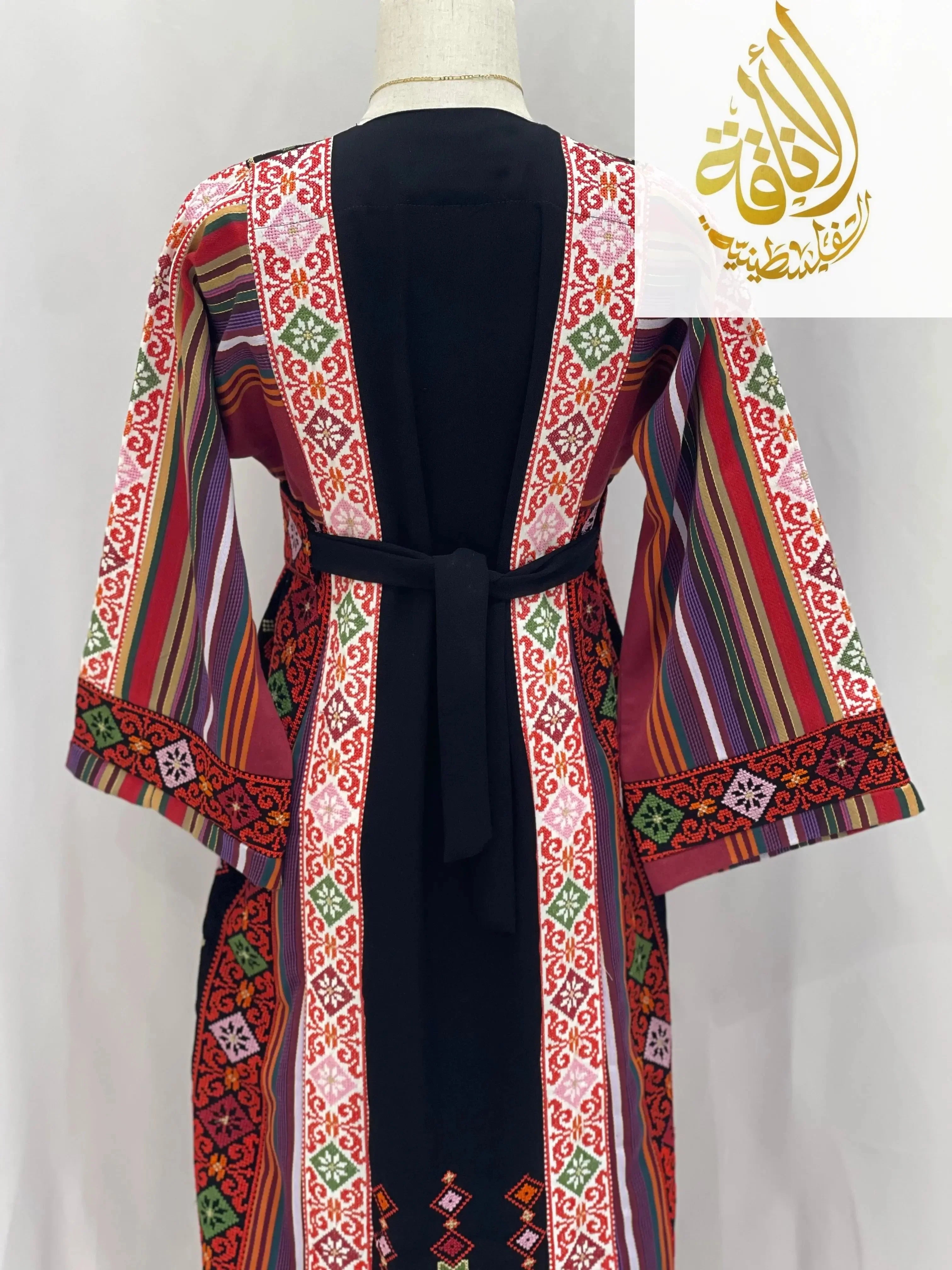 Palestinian Elegance embroidered thoub for teens with colorful traditional patterns and belt tie