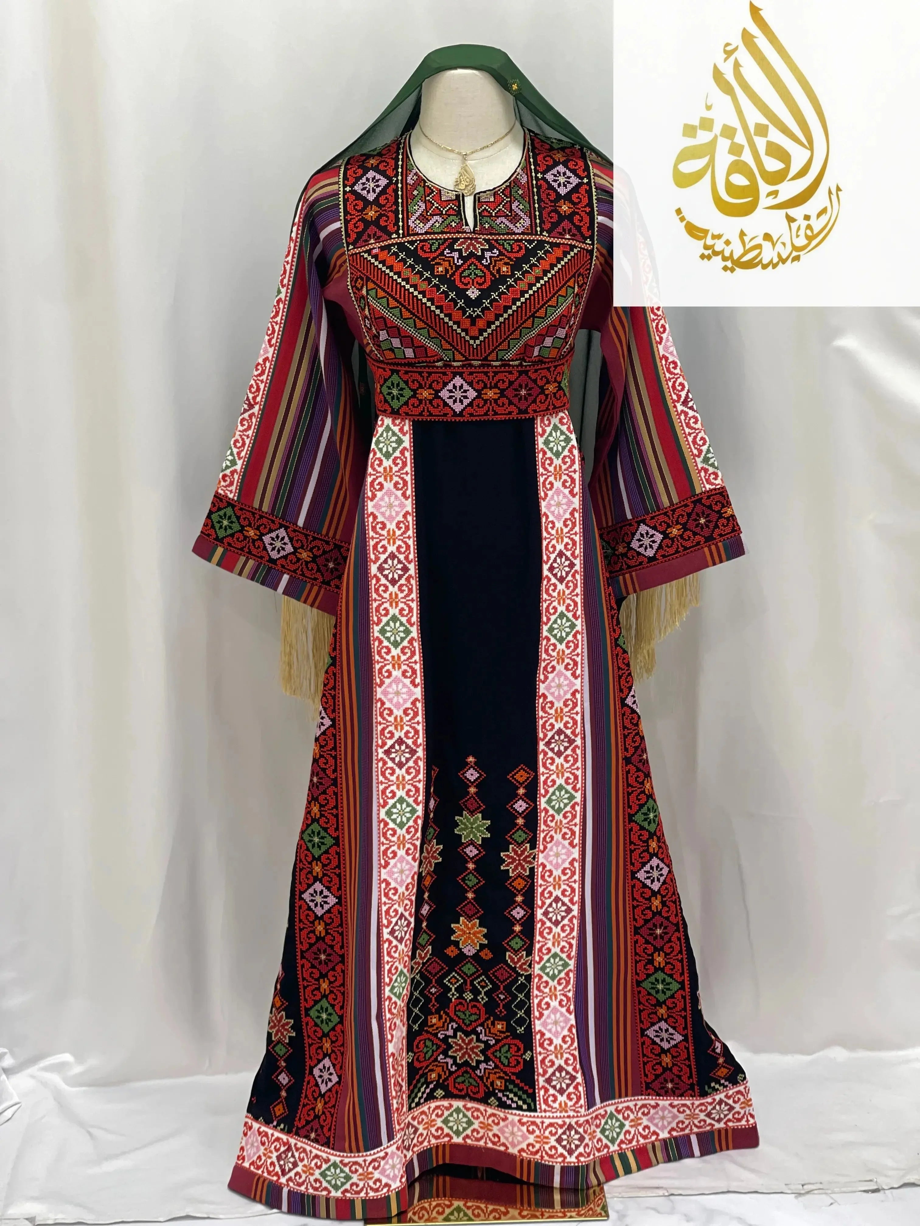 Palestinian Elegance embroidered thoub for teens with colorful traditional geometric patterns