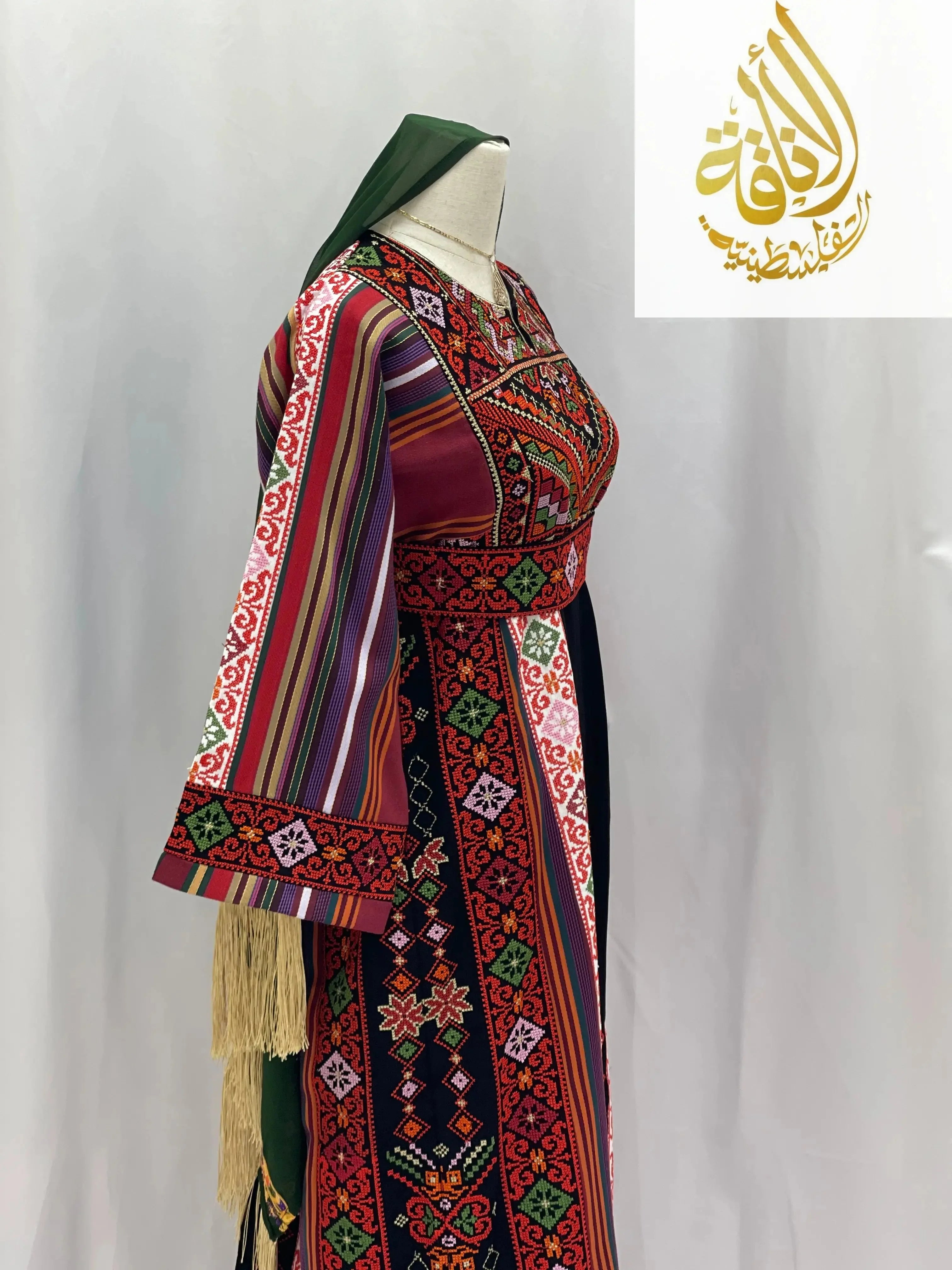 Palestinian Elegance embroidered thoub for teens with colorful traditional patterns on long sleeves and bodice