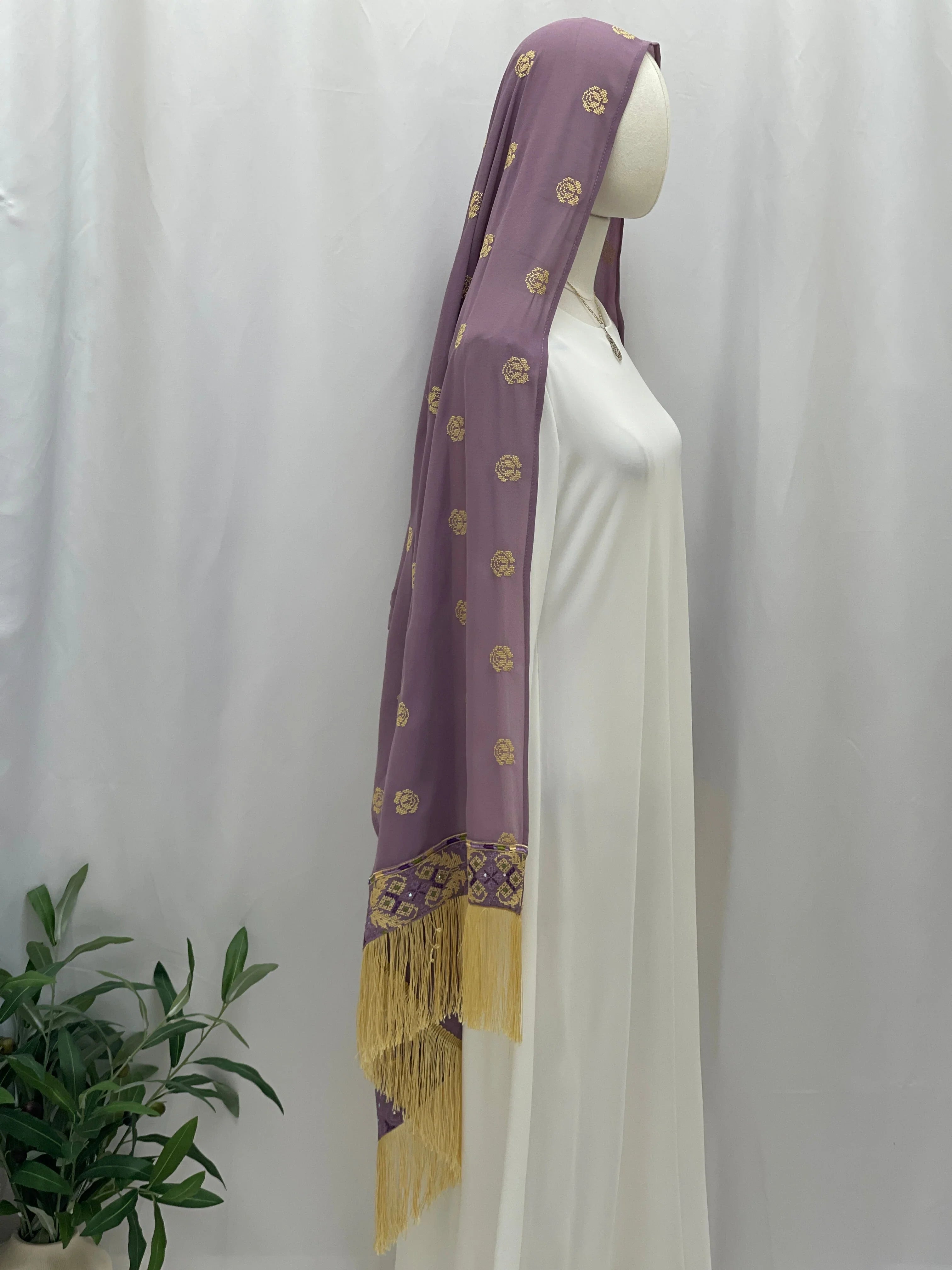 Extra Long Embroidered Floral Khirka in Purple with Gold Floral Patterns and Fringe Trim
