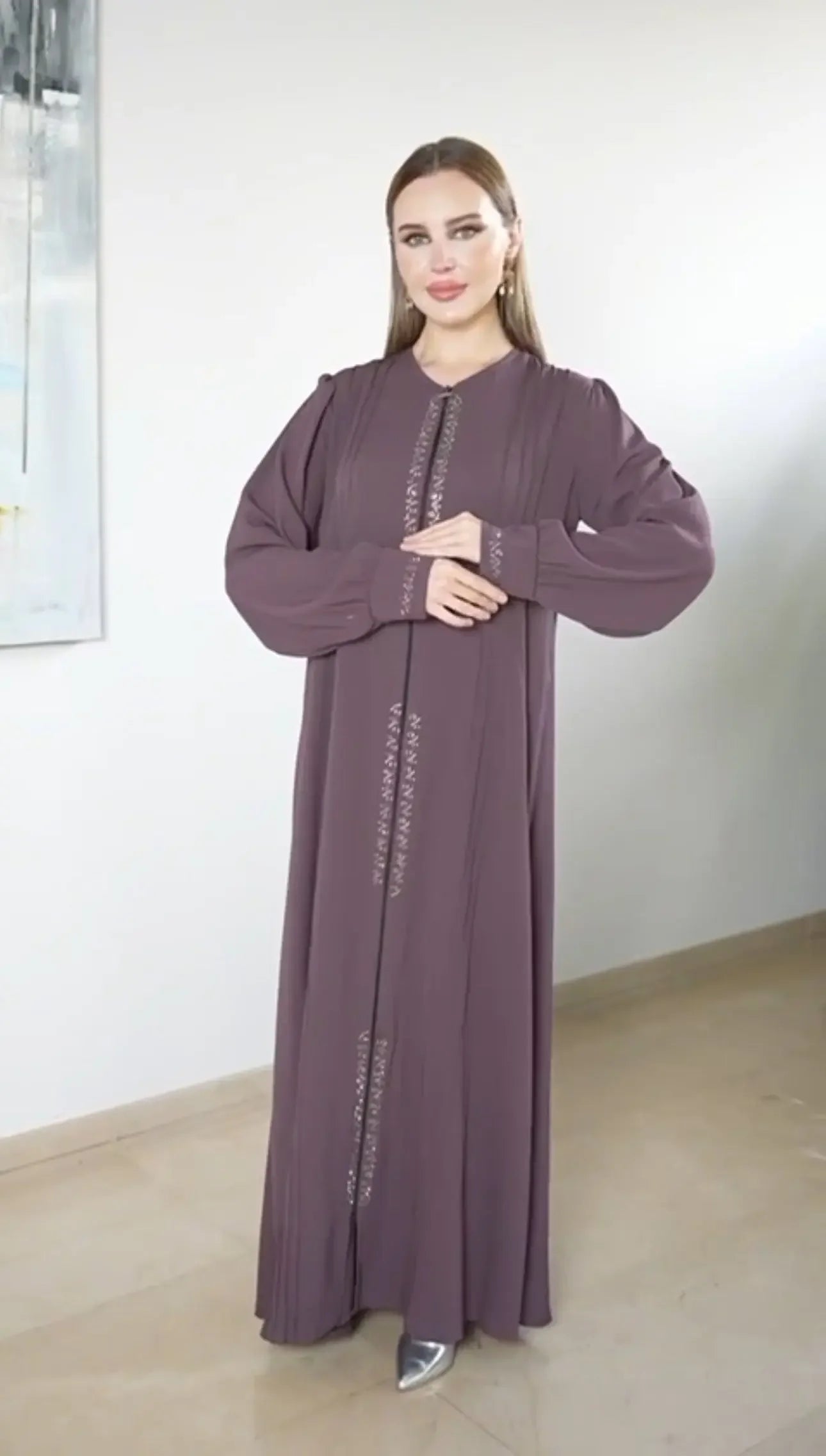 Palestinian Elegance modest abaya for women in deep mauve with delicate embroidery detail
