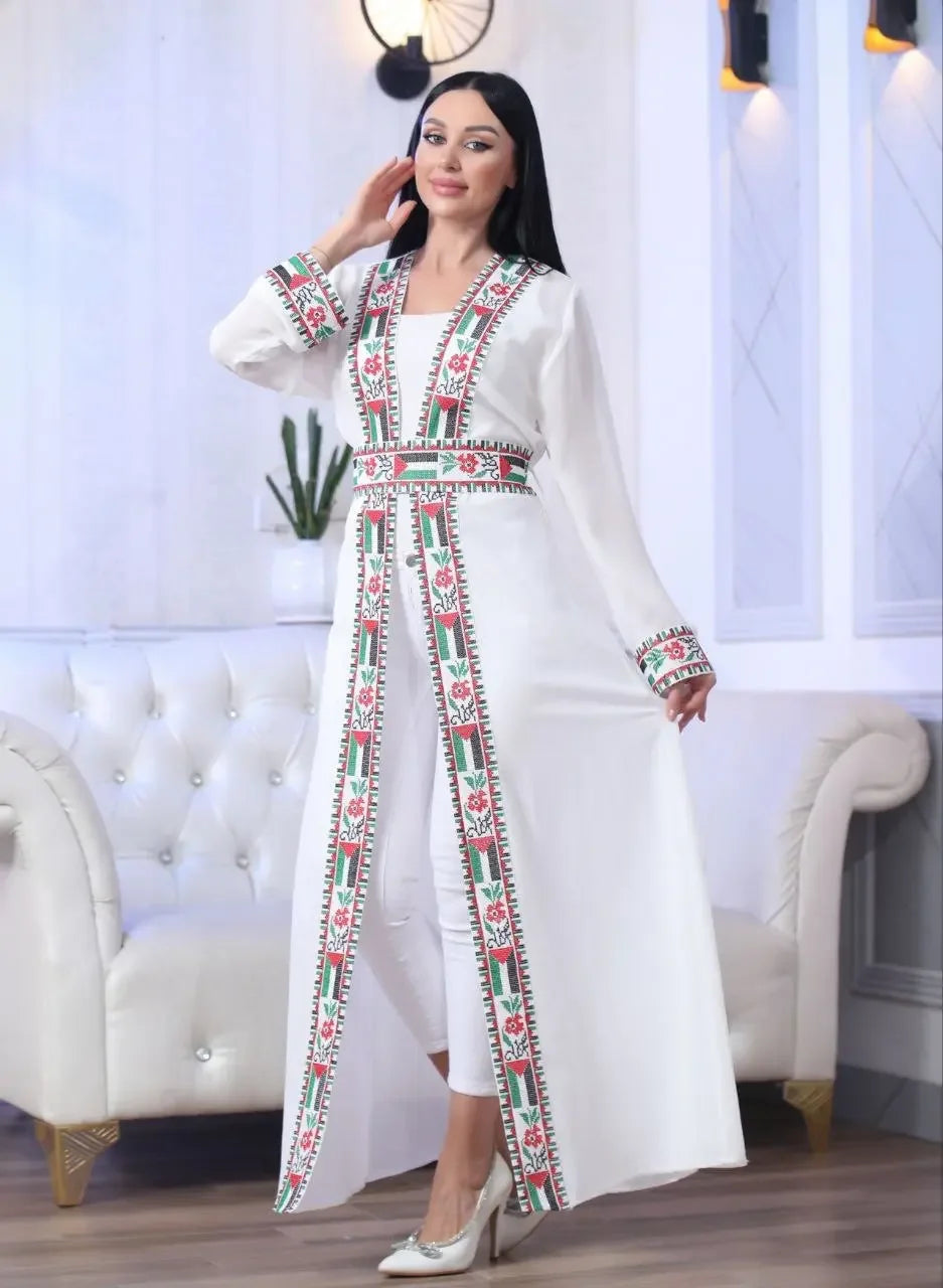Chiffon Cardigan with Embroidered Palestinian Flag – Cultural Statement Piece Palestinian Elegance