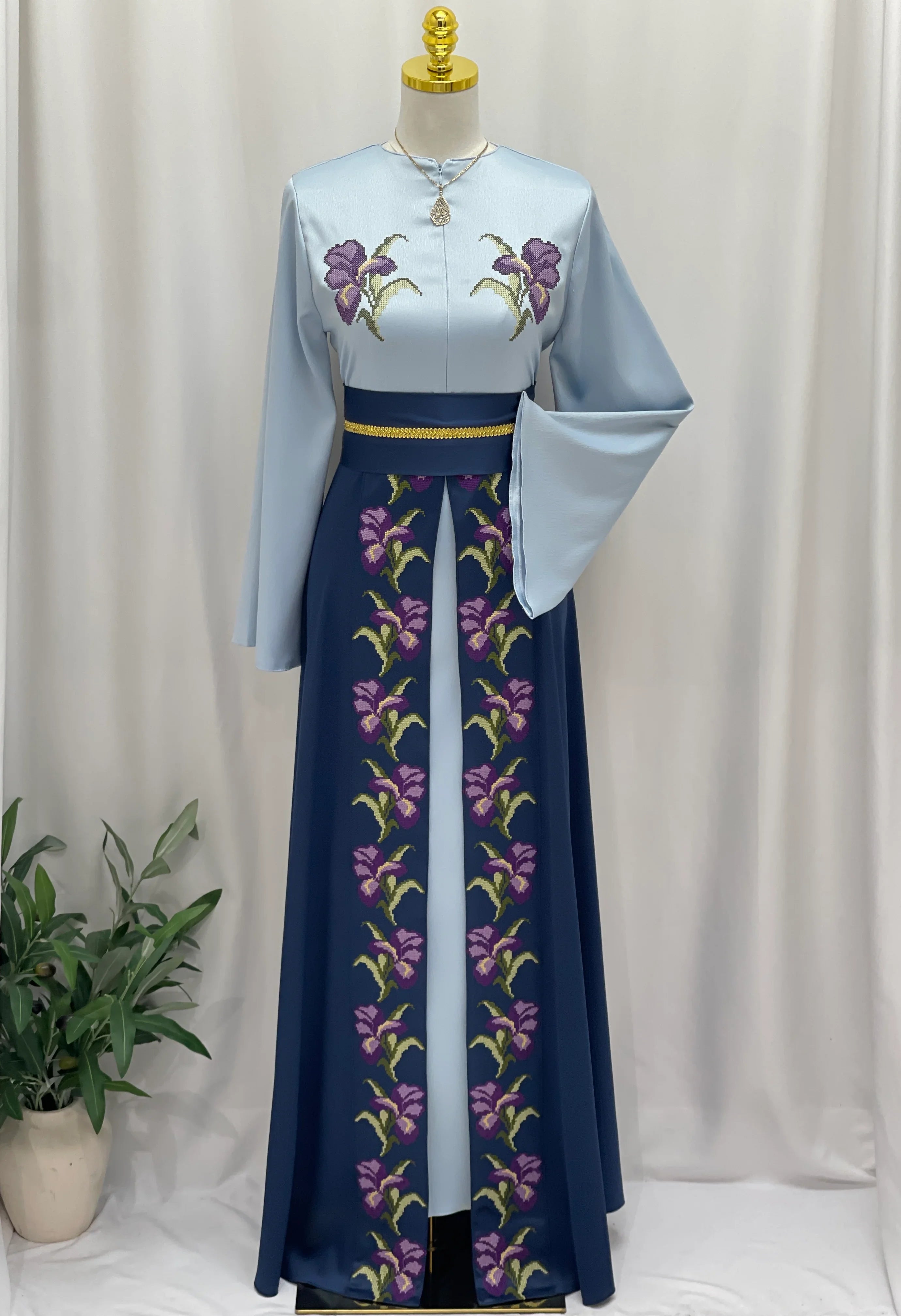 Violet Bloom Embroidered Caftan - Palestinian Elegance