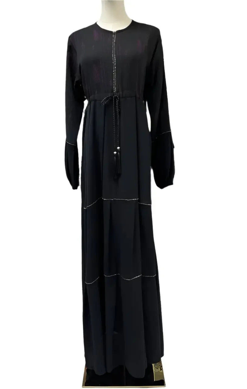 Palestinian Elegance black modern abaya dress for women with long sleeves and front tassel tie