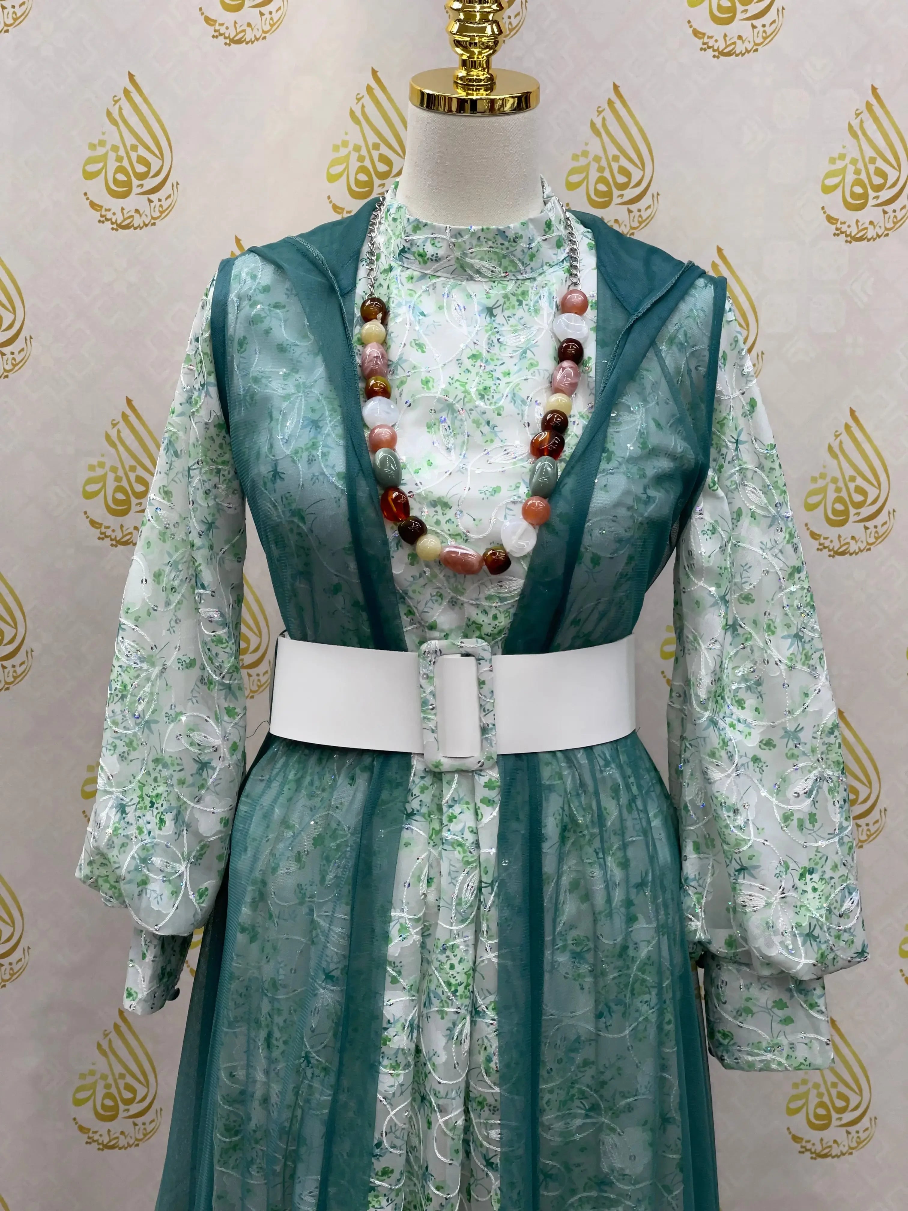 Floral Embroidered Mesh Overlay Dress with Beads: Enchanting Elegance and Grace Palestinian Elegance