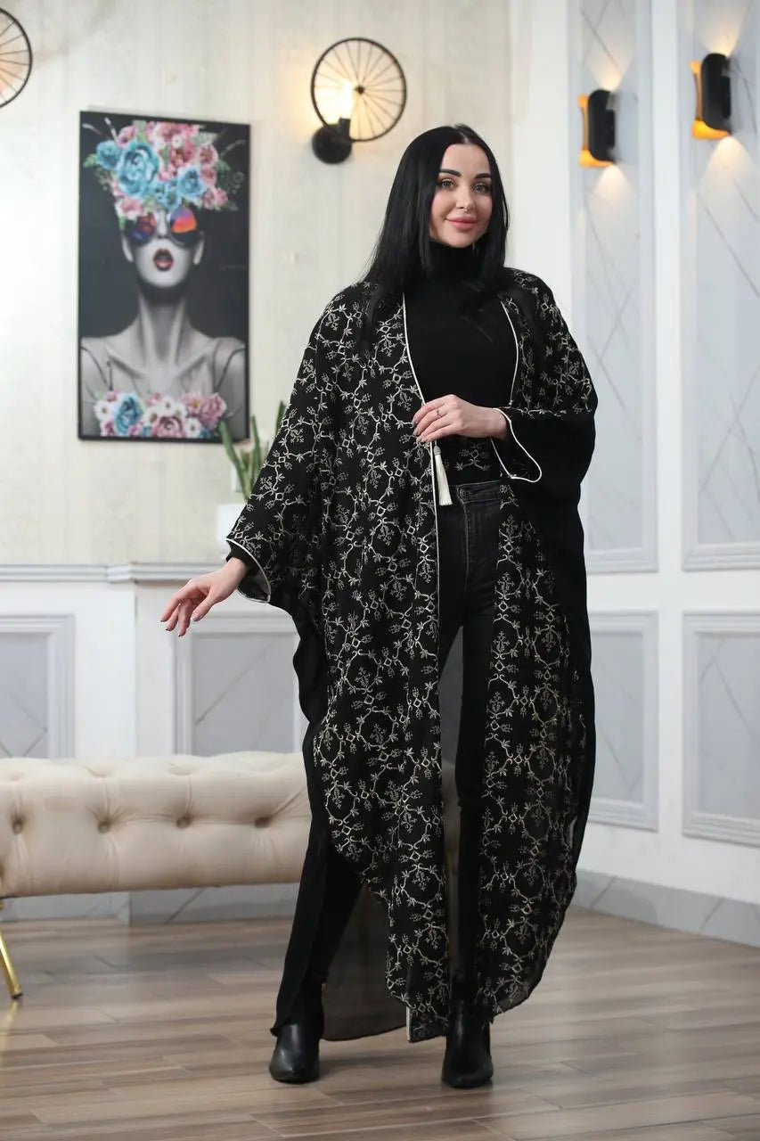 Embroidered Chiffon Cardigan Golden Silk Threads Palestinian Elegance