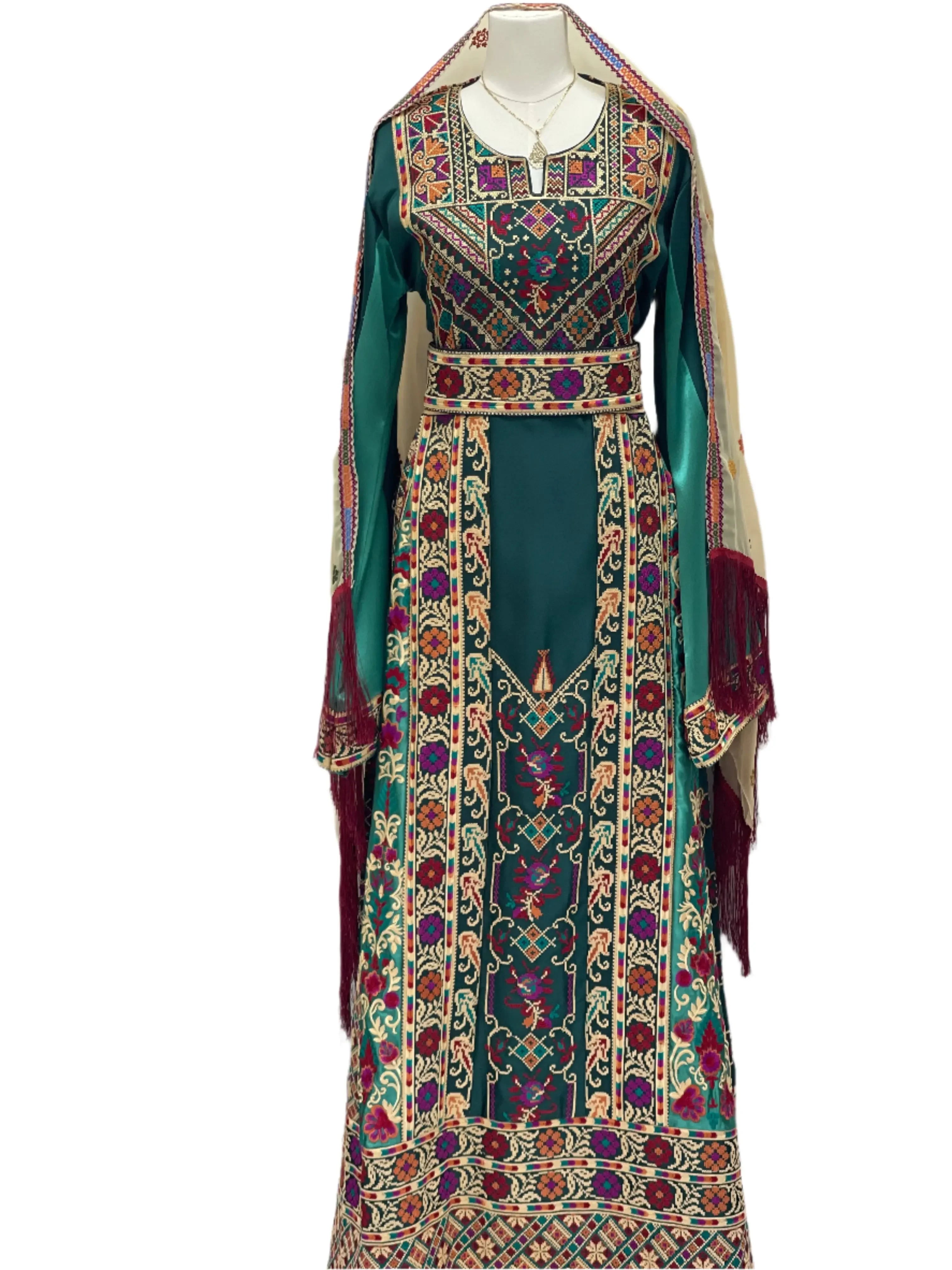 Distinctive Elegance: Unique Green Satin Silk Embroidered Thoub Palestinian Elegance