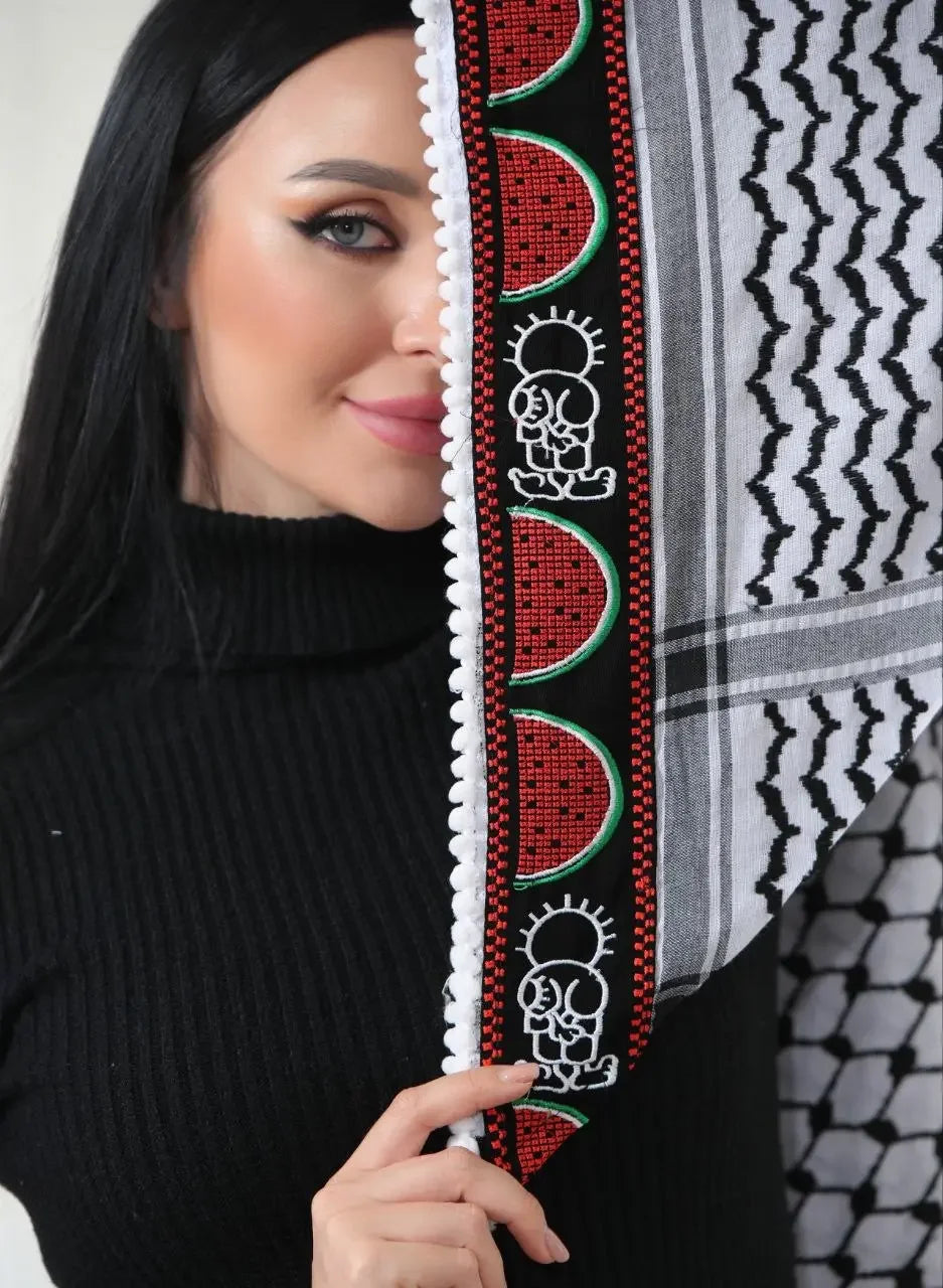 Hanzala & Watermelon Embroidered Kuffiyeh: Elegance and Cultural Charm Palestinian Elegance