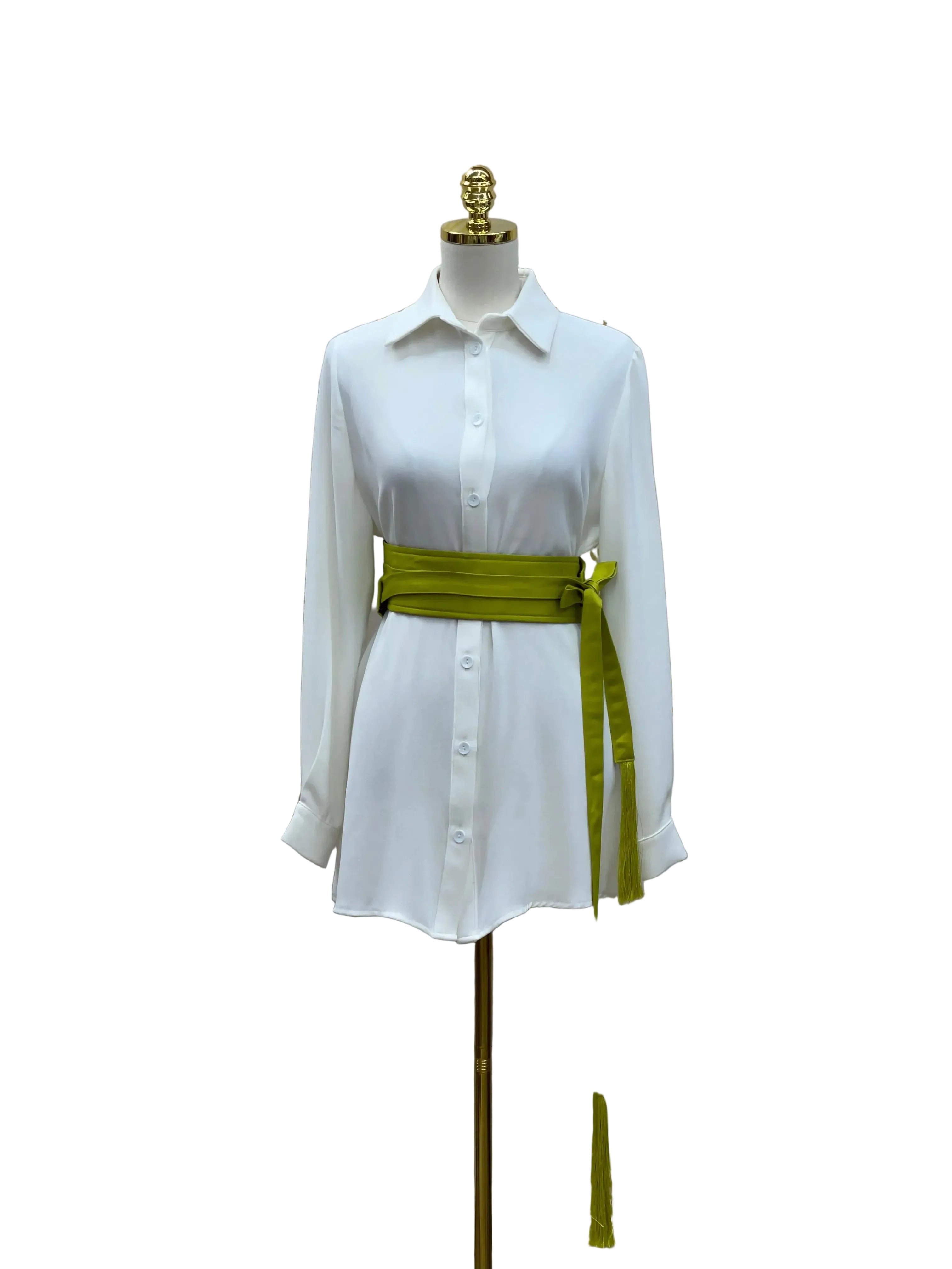 Green luxury satin belt for dresses styled on white button-down shirt by Palestinian Elegance