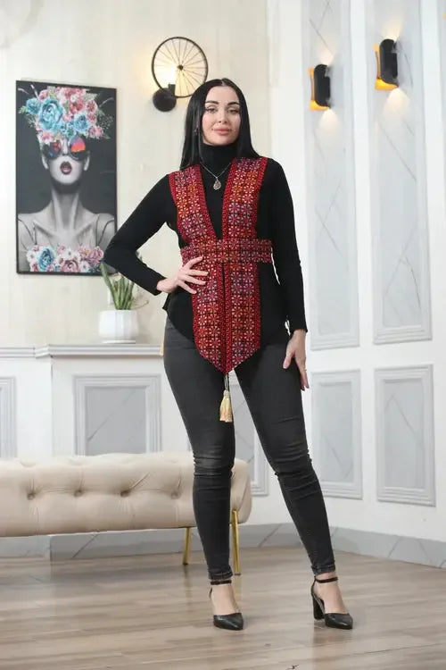 Stylish Brilliance: Chiffon Vest with Vibrant Embroidery Palestinian Elegance