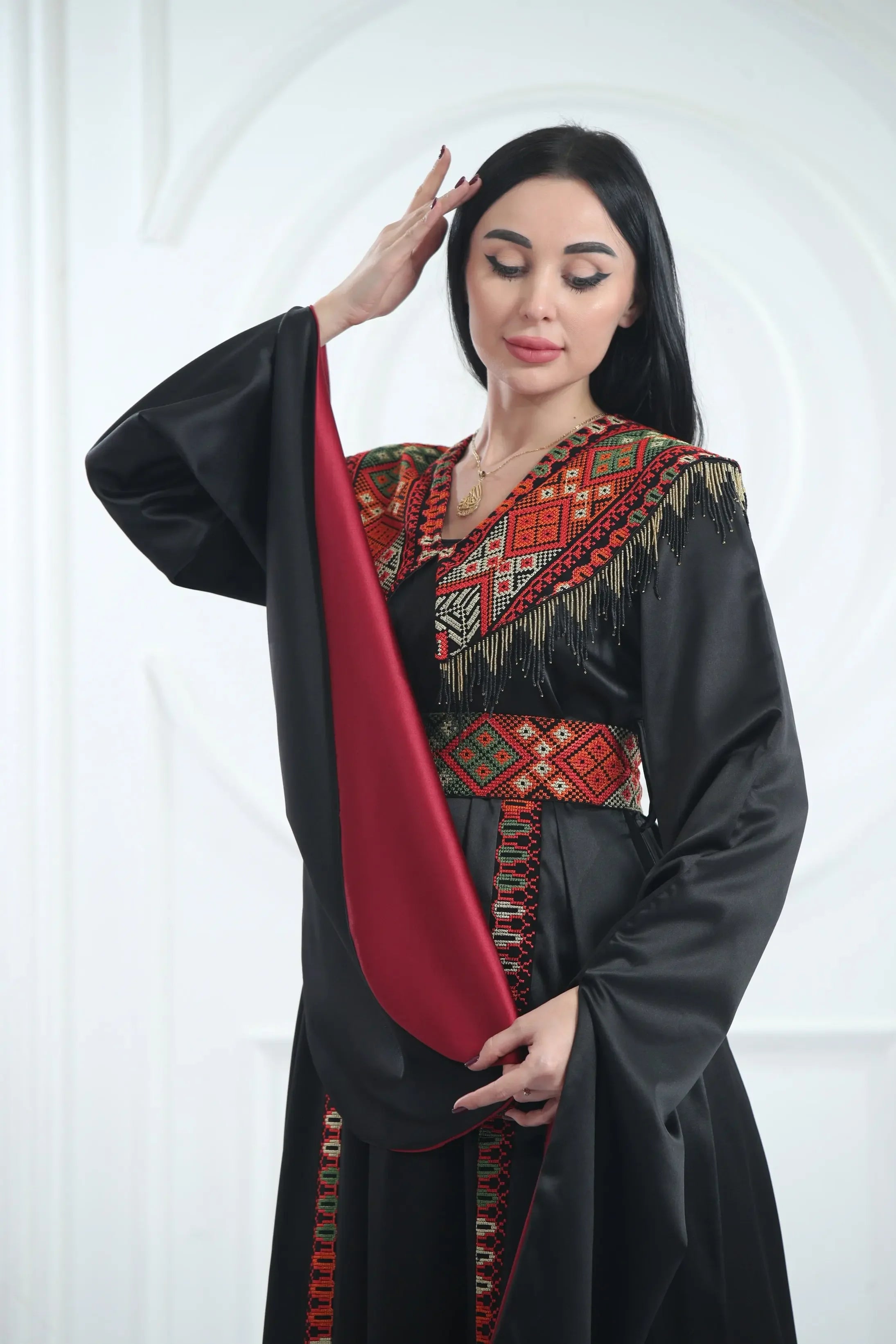 Embroidered Satin Dress With handmade Beads Palestinian Elegance