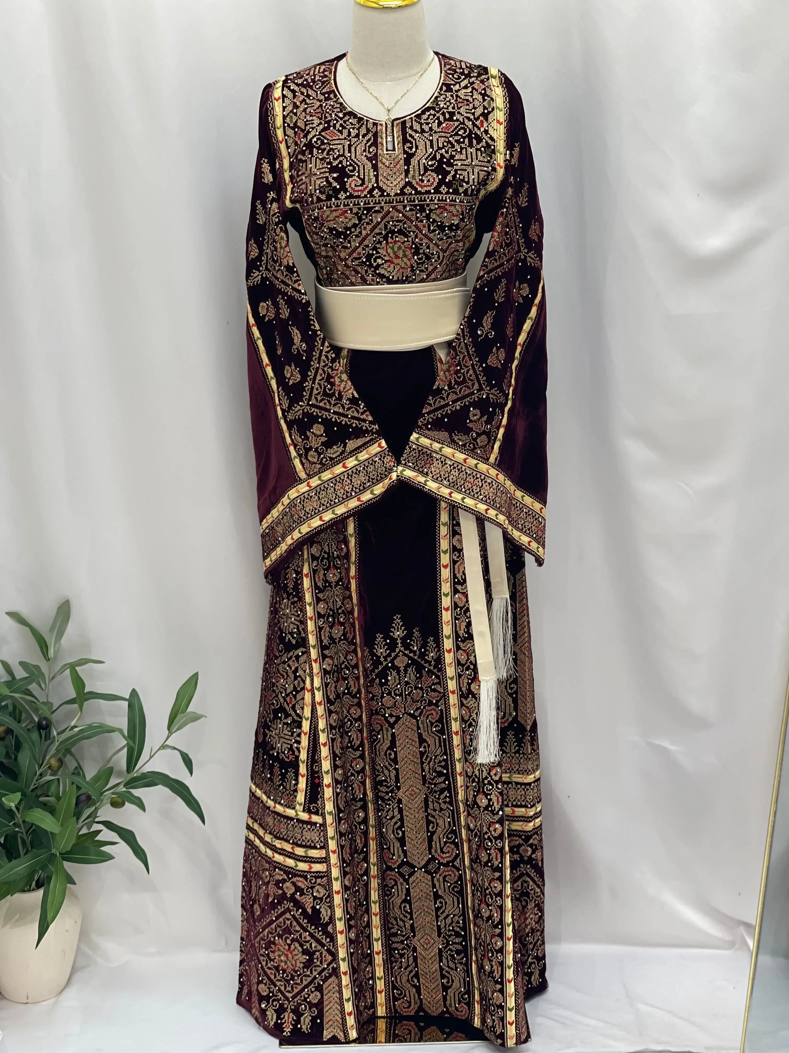 Maroon Velvet Thoub With Matching Overskirt Palestinian Elegance