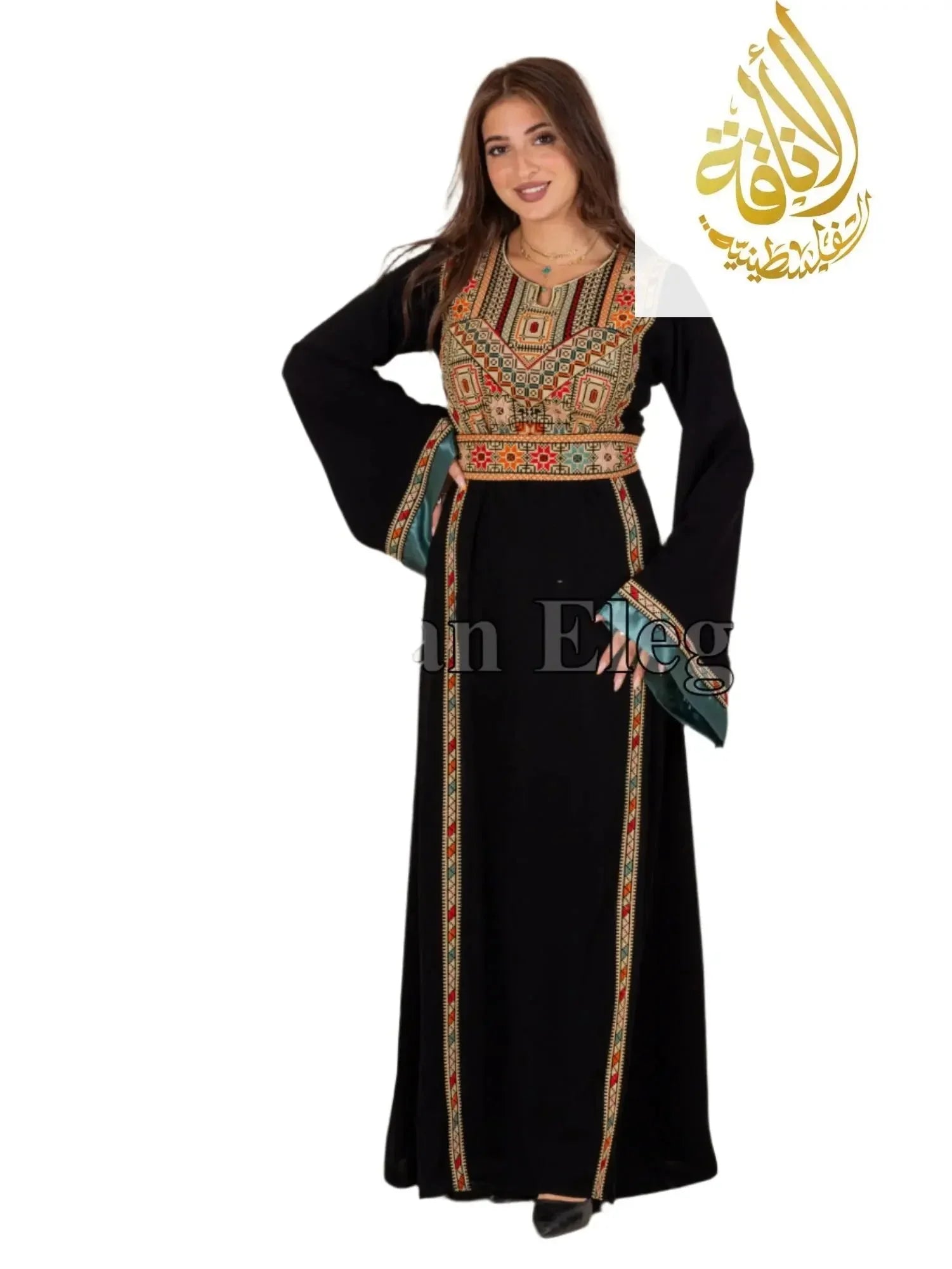 Palestinian Elegance Fadwa Embroidered Thoub black traditional dress with intricate colorful embroidery