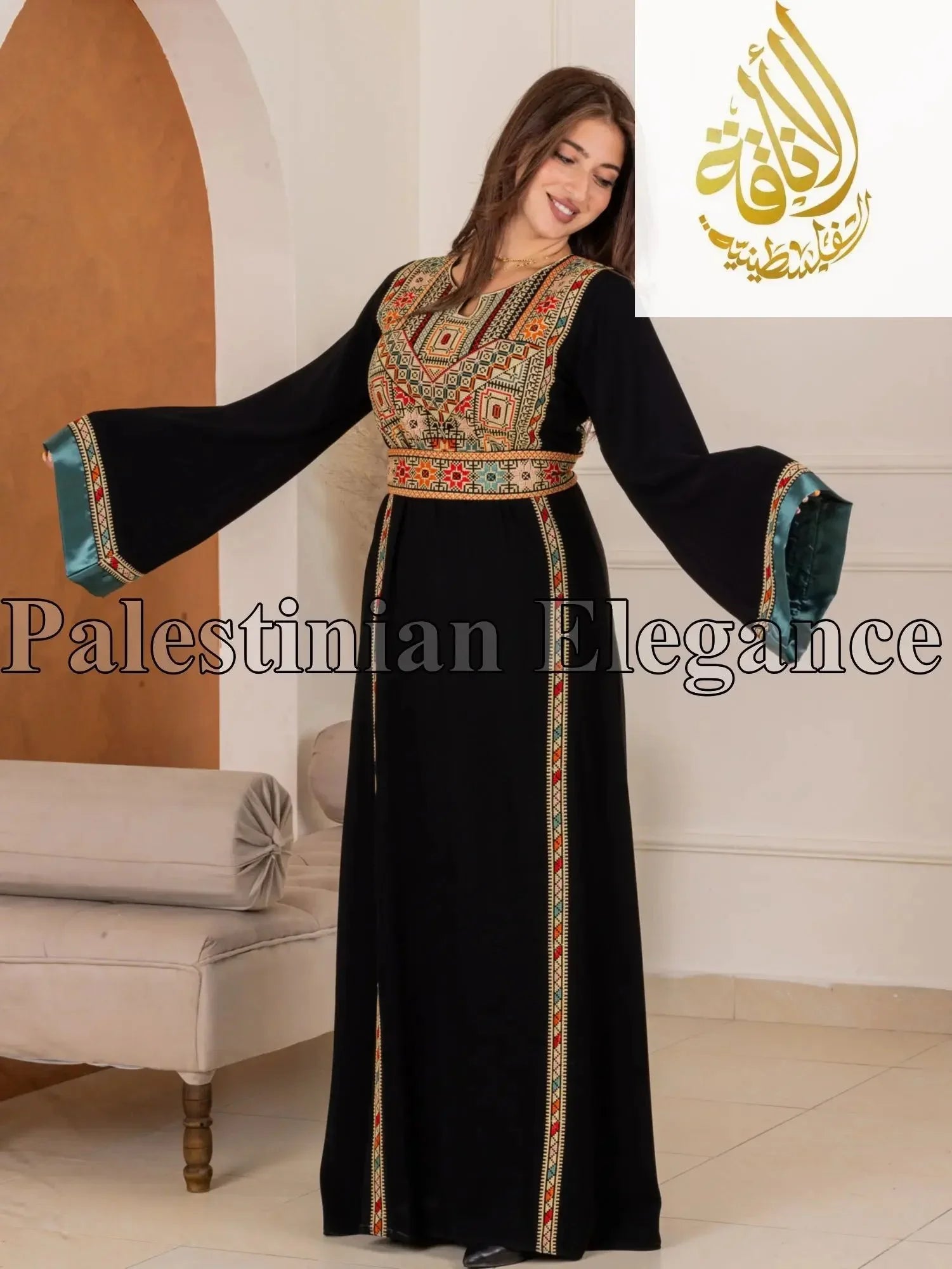 Woman wearing a black Fadwa Embroidered Thoub with colorful traditional embroidery from Palestinian Elegance