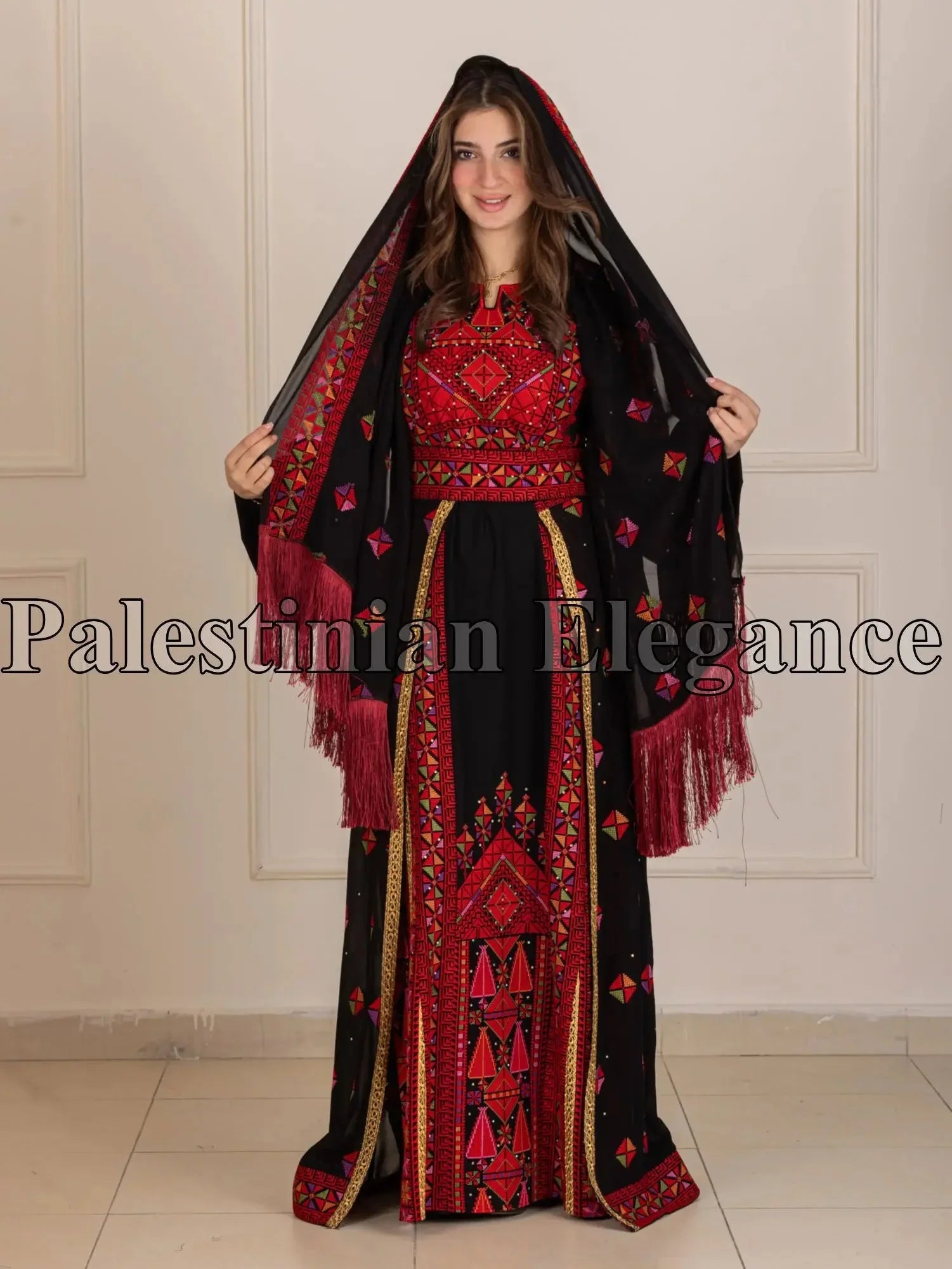 Falahi thoub with overskirt Embroidered Dress and khirka - Palestinian Elegance