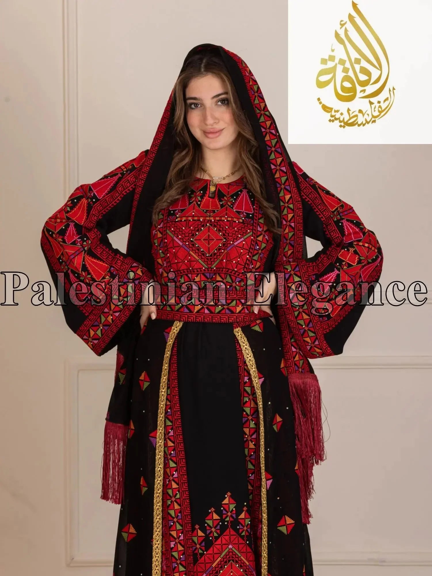 Falahi thoub with overskirt Embroidered Dress and khirka - Palestinian Elegance