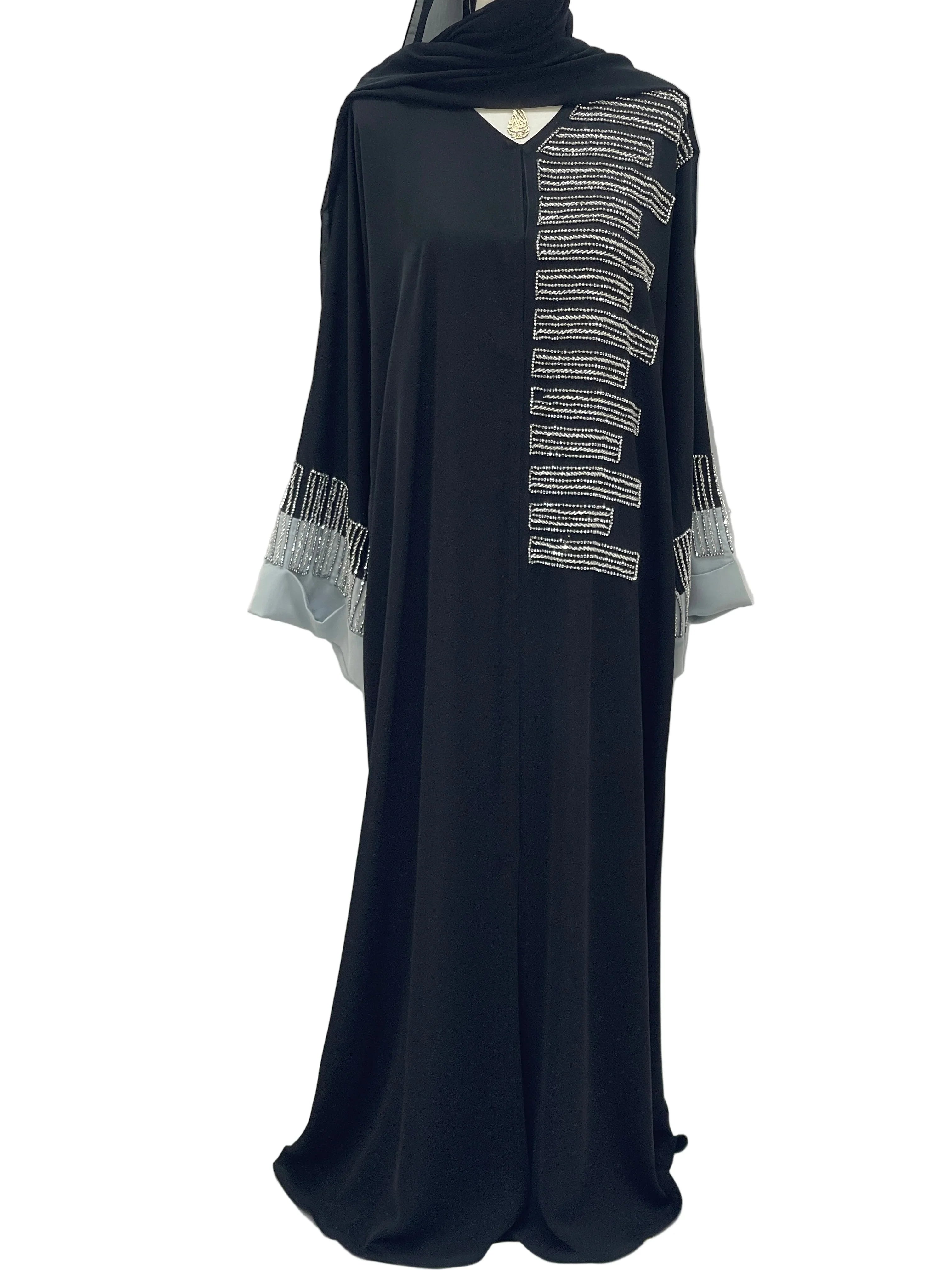 Palestinian Elegance Fancy Beads Dubai Abaya black full length abaya with silver bead embroidery on front and cuffs