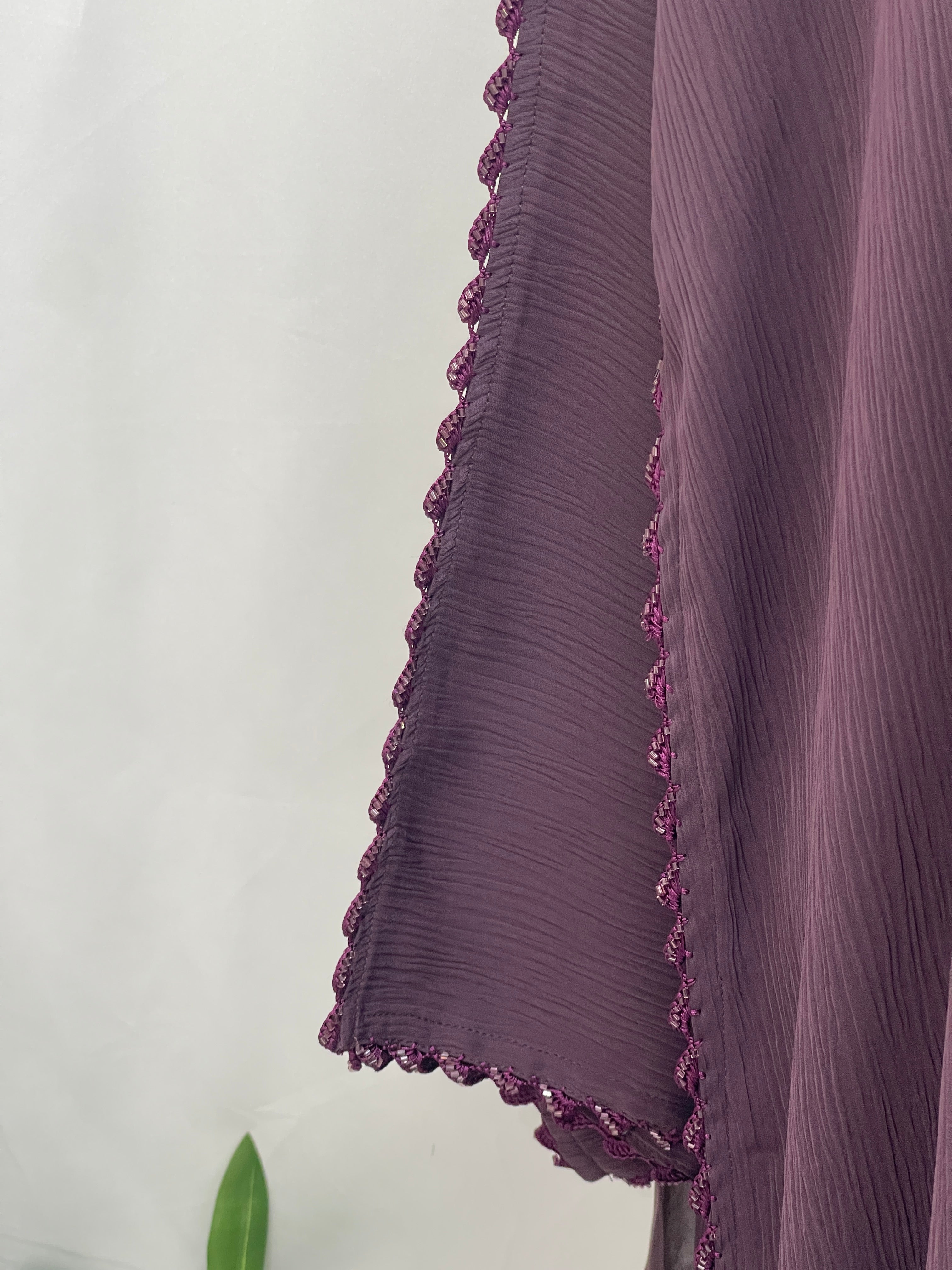Palestinian Elegance Ghosoon abaya purple sleeve embroidery closeup detail