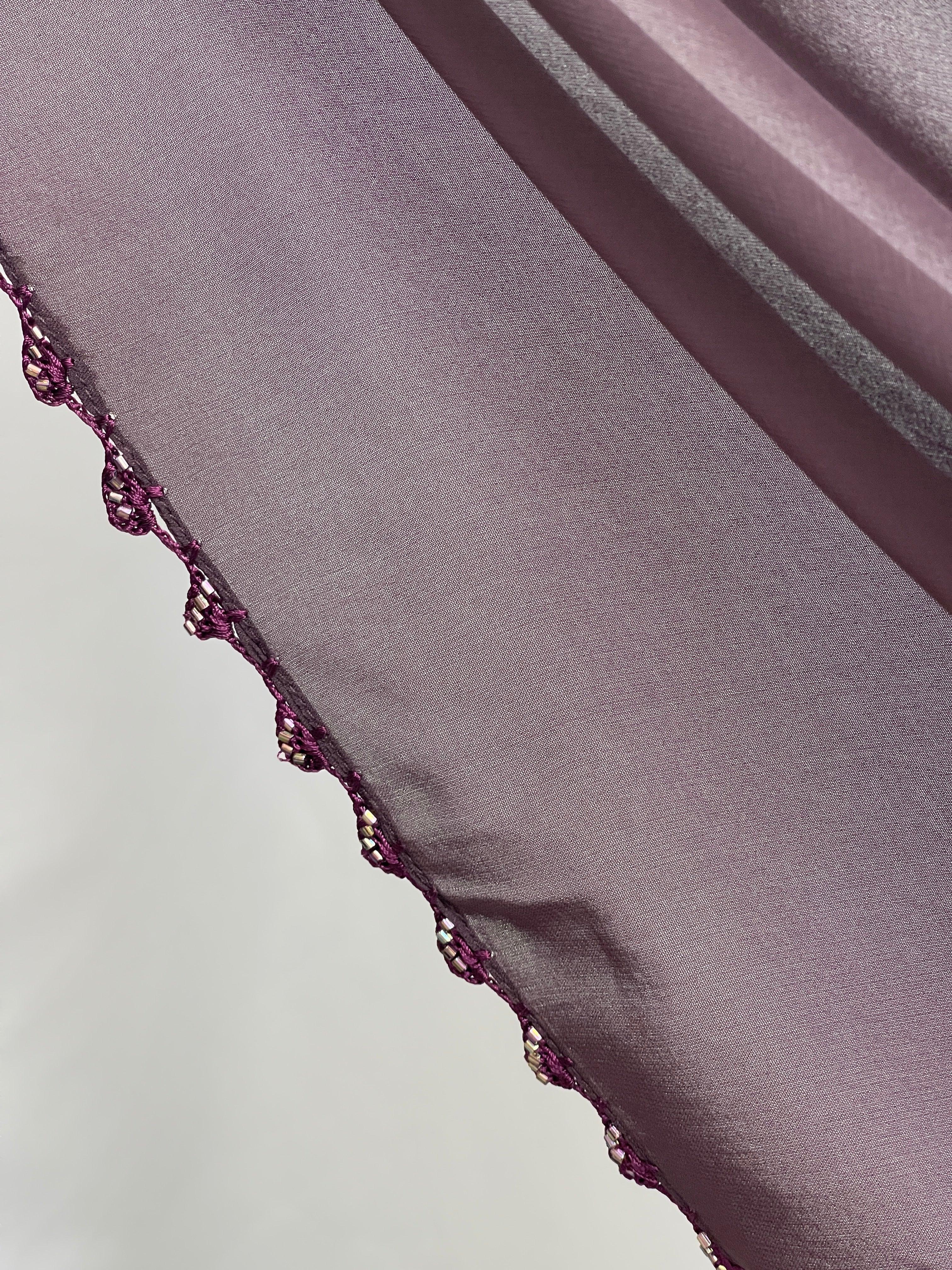 Palestinian Elegance Ghosoon Abaya in deep purple turban edge embroidery close detail