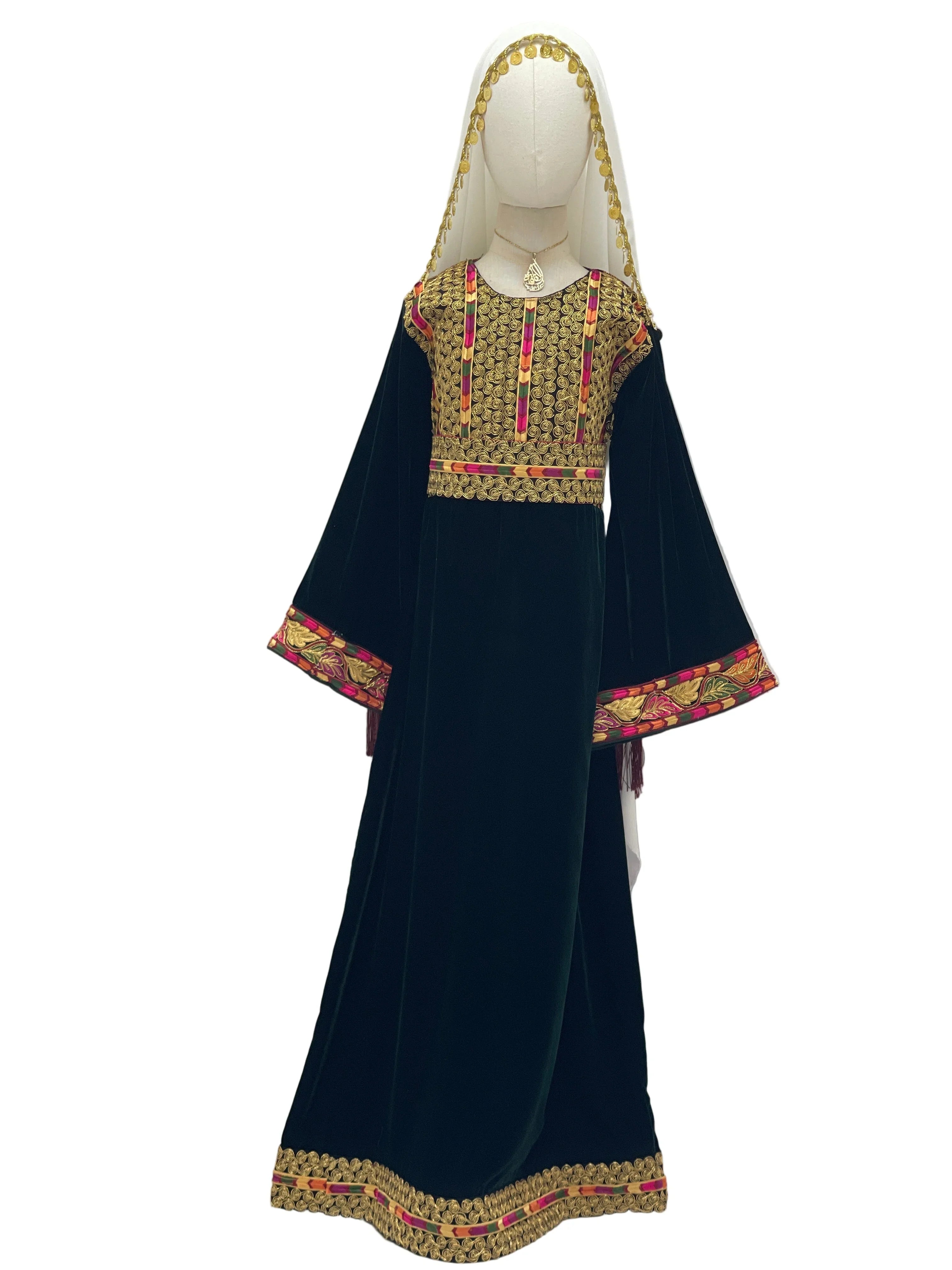 Emerald Velvet Embroidered Qasab Thobe with ornate detailing and flowing sleeves from Palestinian Elegance